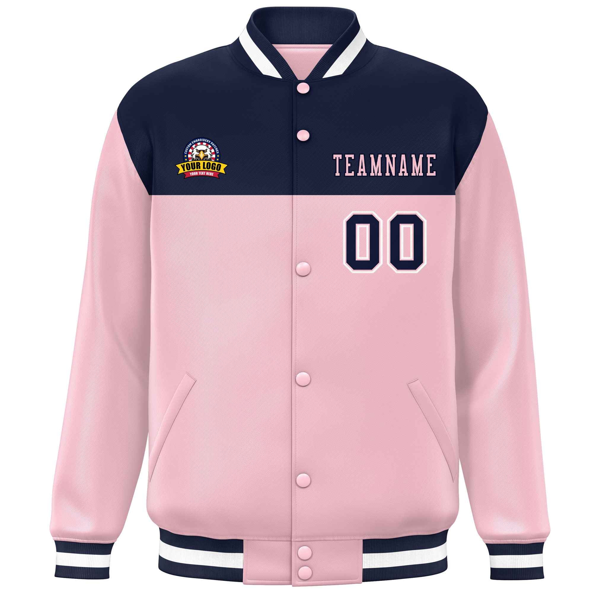 Custom Navy Pink-White Varsity Full-Snap Color Block Lettermen Baseball Jacket