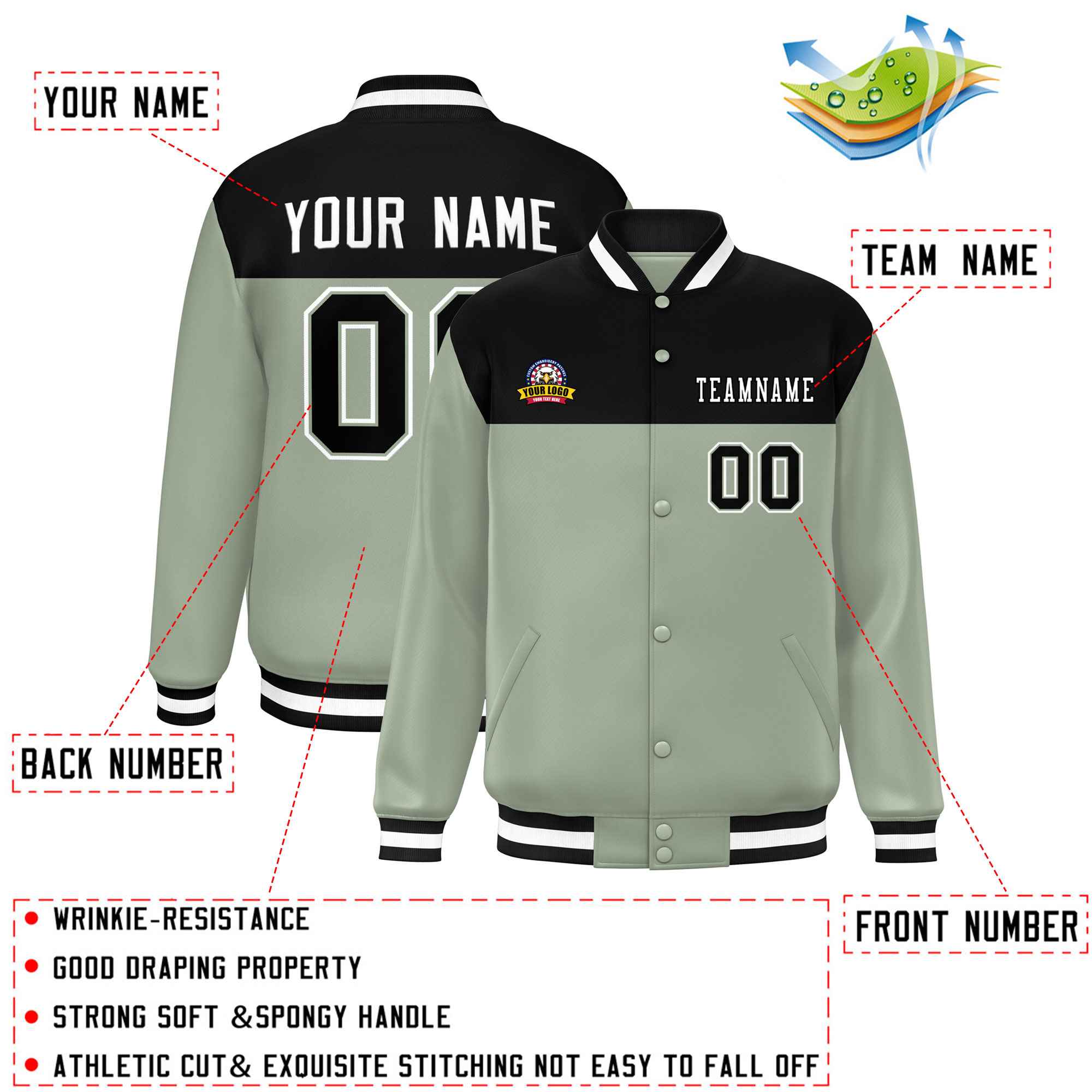 Custom Black Green-White Varsity Full-Snap Color Block Lettermen Baseball Jacket