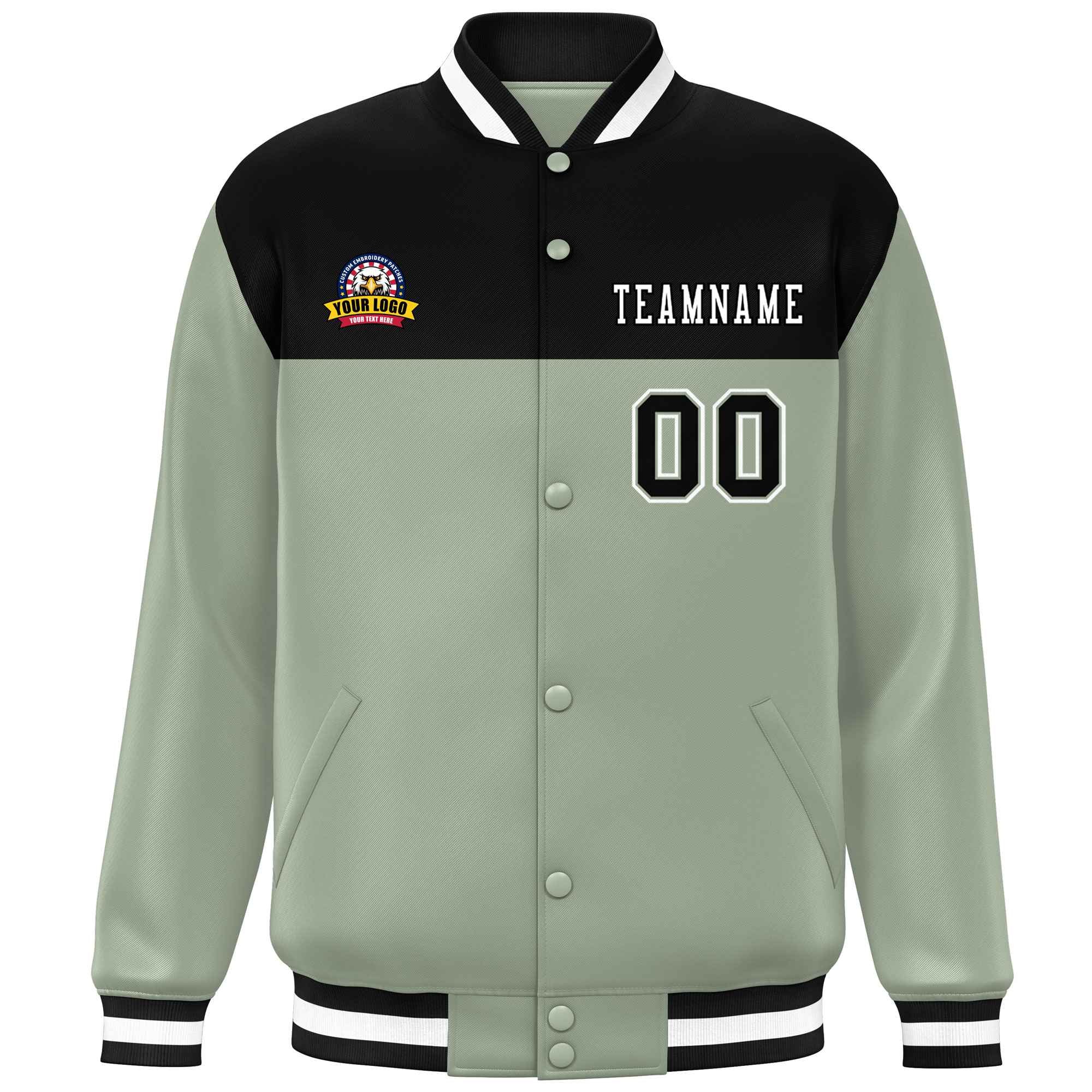 Custom Black Green-White Varsity Full-Snap Color Block Lettermen Baseball Jacket