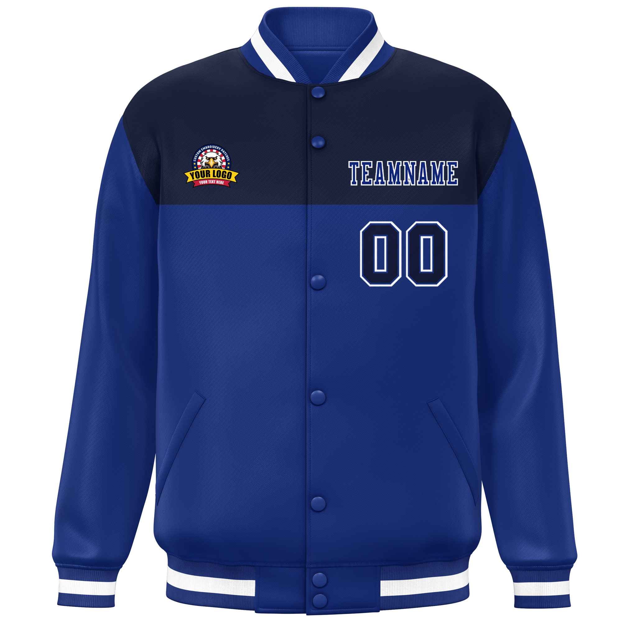 Custom Navy Royal-White Varsity Full-Snap Color Block Lettermen Baseball Jacket