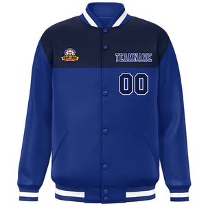 Custom Navy Royal-White Varsity Full-Snap Color Block Lettermen Baseball Jacket