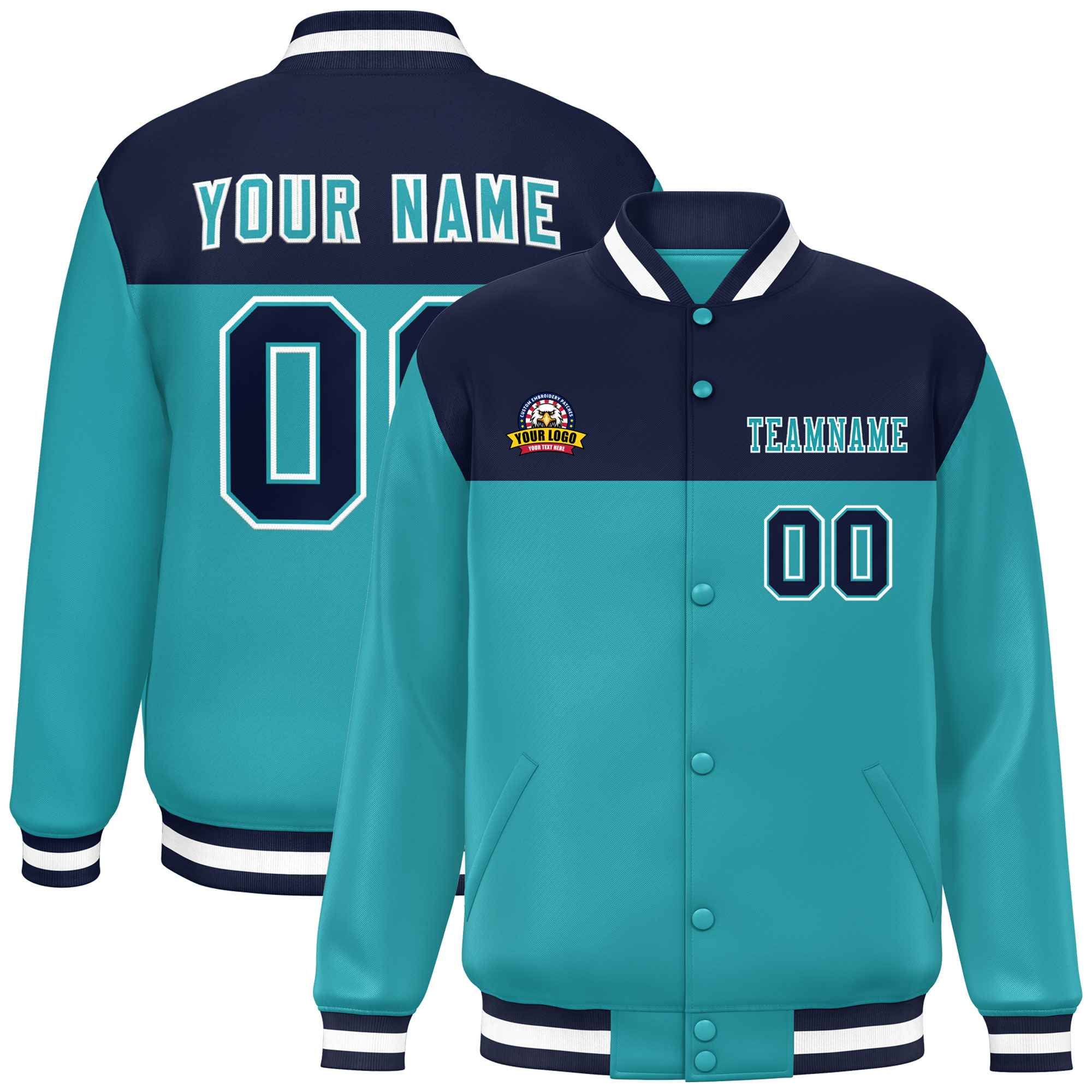 Custom Navy Aqua-White Varsity Full-Snap Color Block Lettermen Baseball Jacket