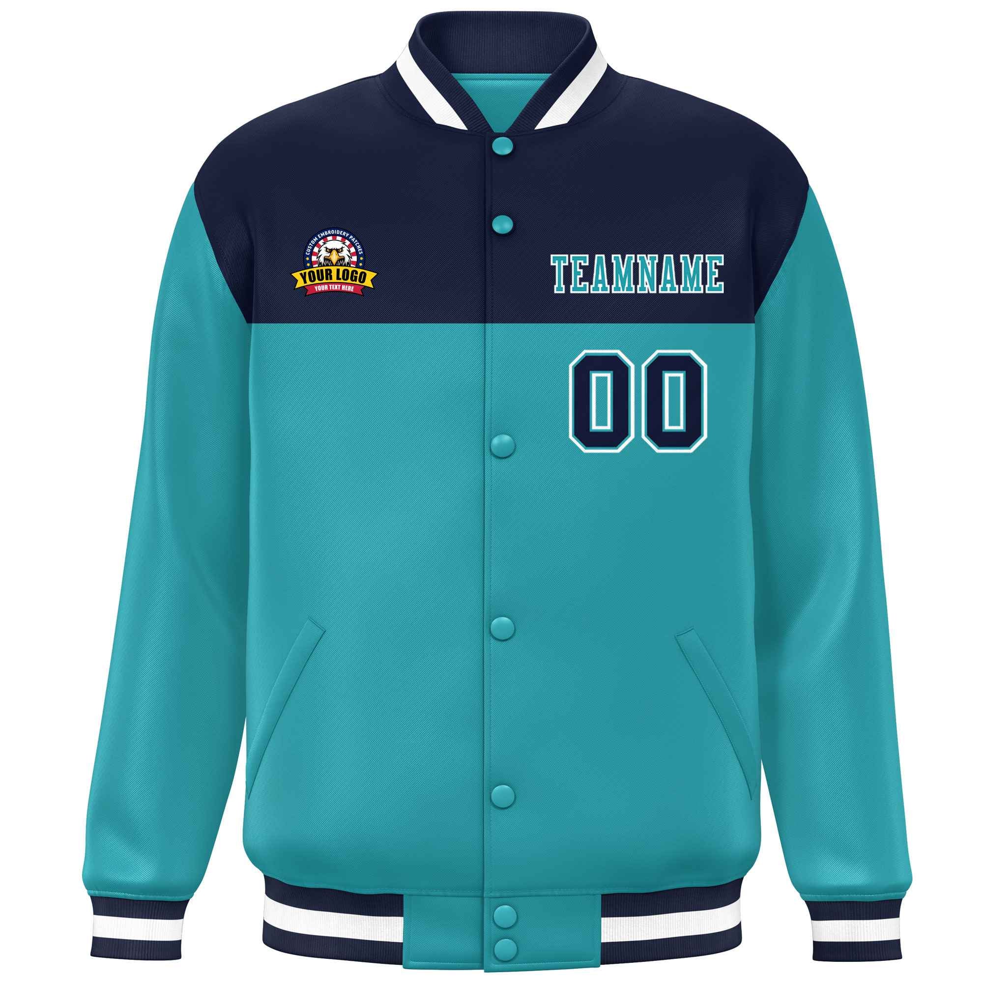 Custom Navy Aqua-White Varsity Full-Snap Color Block Lettermen Baseball Jacket