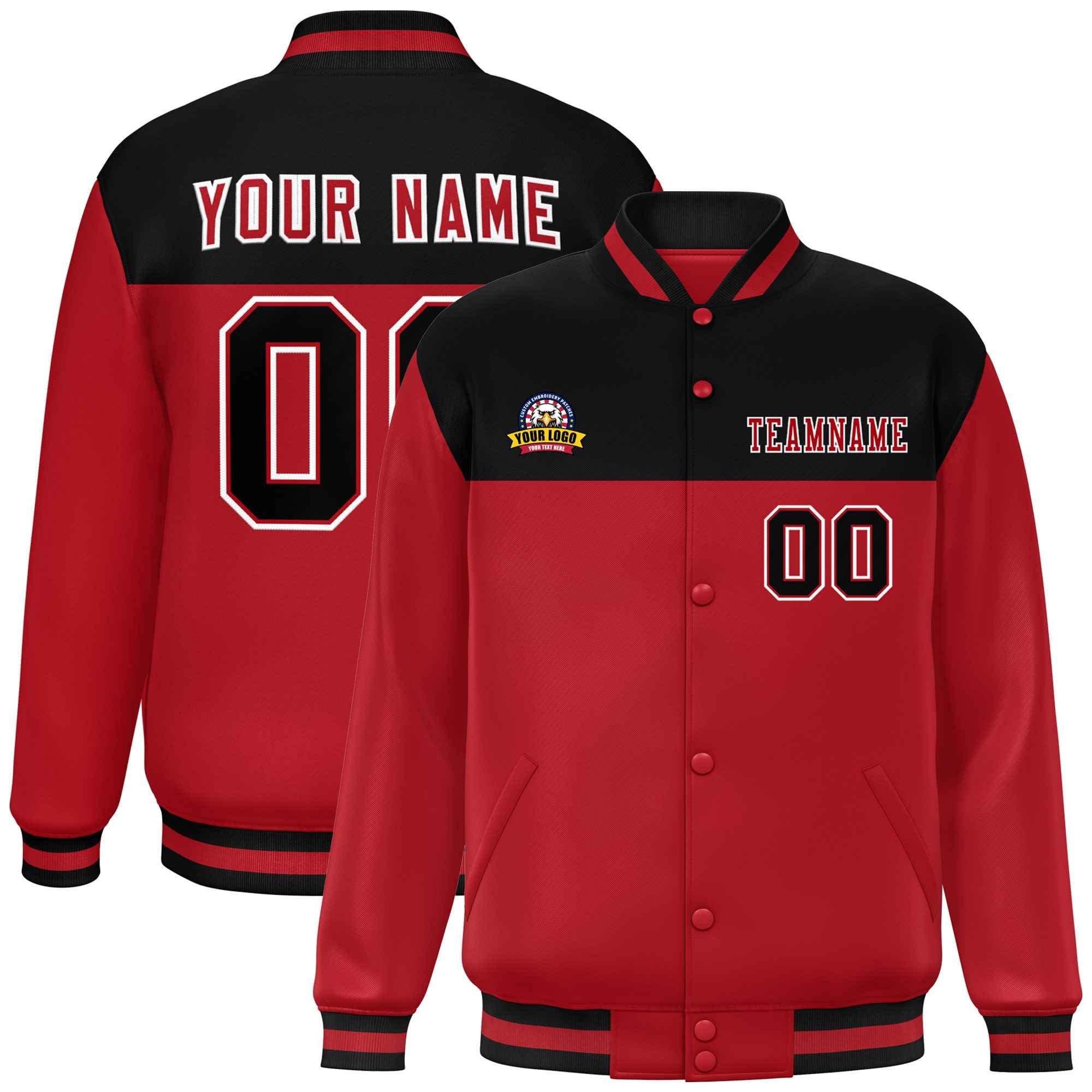 Custom Black Red-White Varsity Full-Snap Color Block Lettermen Baseball Jacket