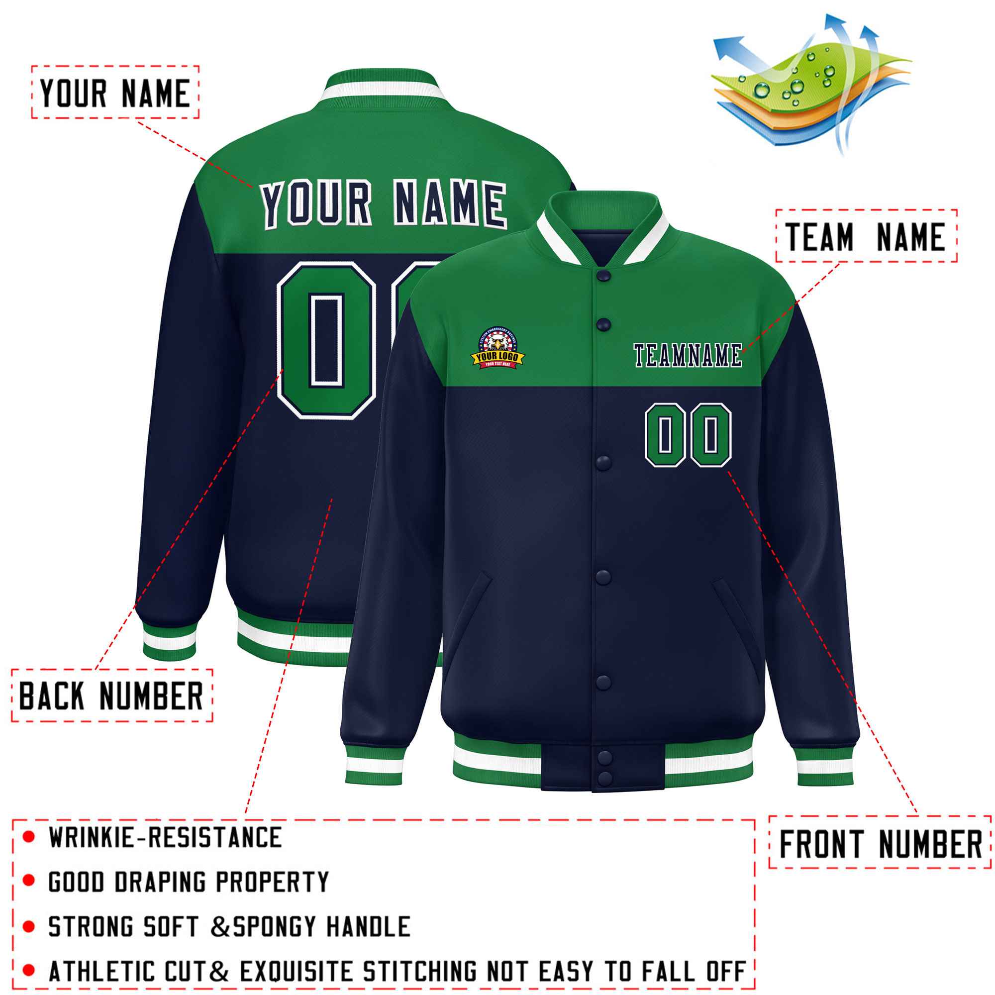 Custom Kelly Green Navy-White Varsity Full-Snap Color Block Lettermen Baseball Jacket