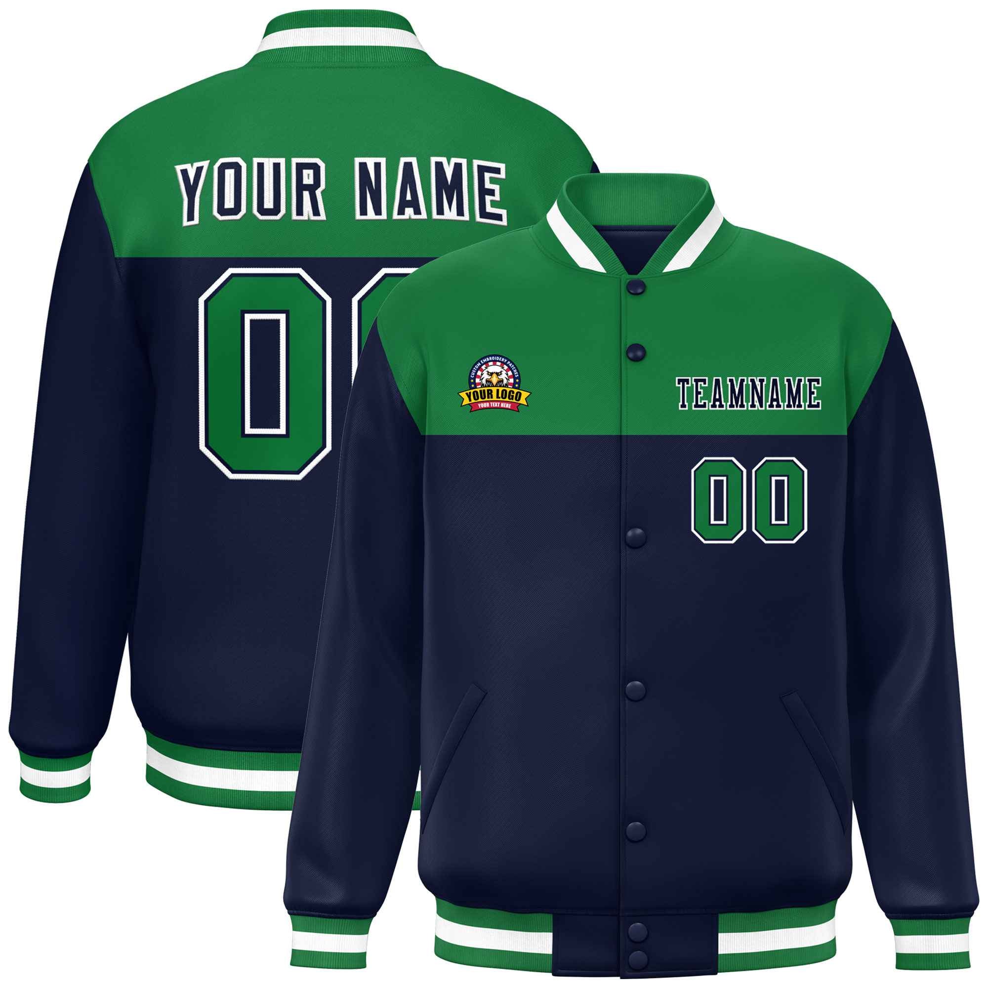 Custom Kelly Green Navy-White Varsity Full-Snap Color Block Lettermen Baseball Jacket