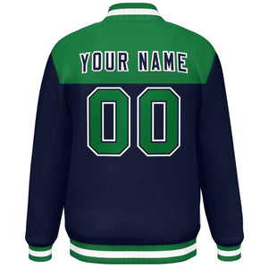 Custom Kelly Green Navy-White Varsity Full-Snap Color Block Lettermen Baseball Jacket