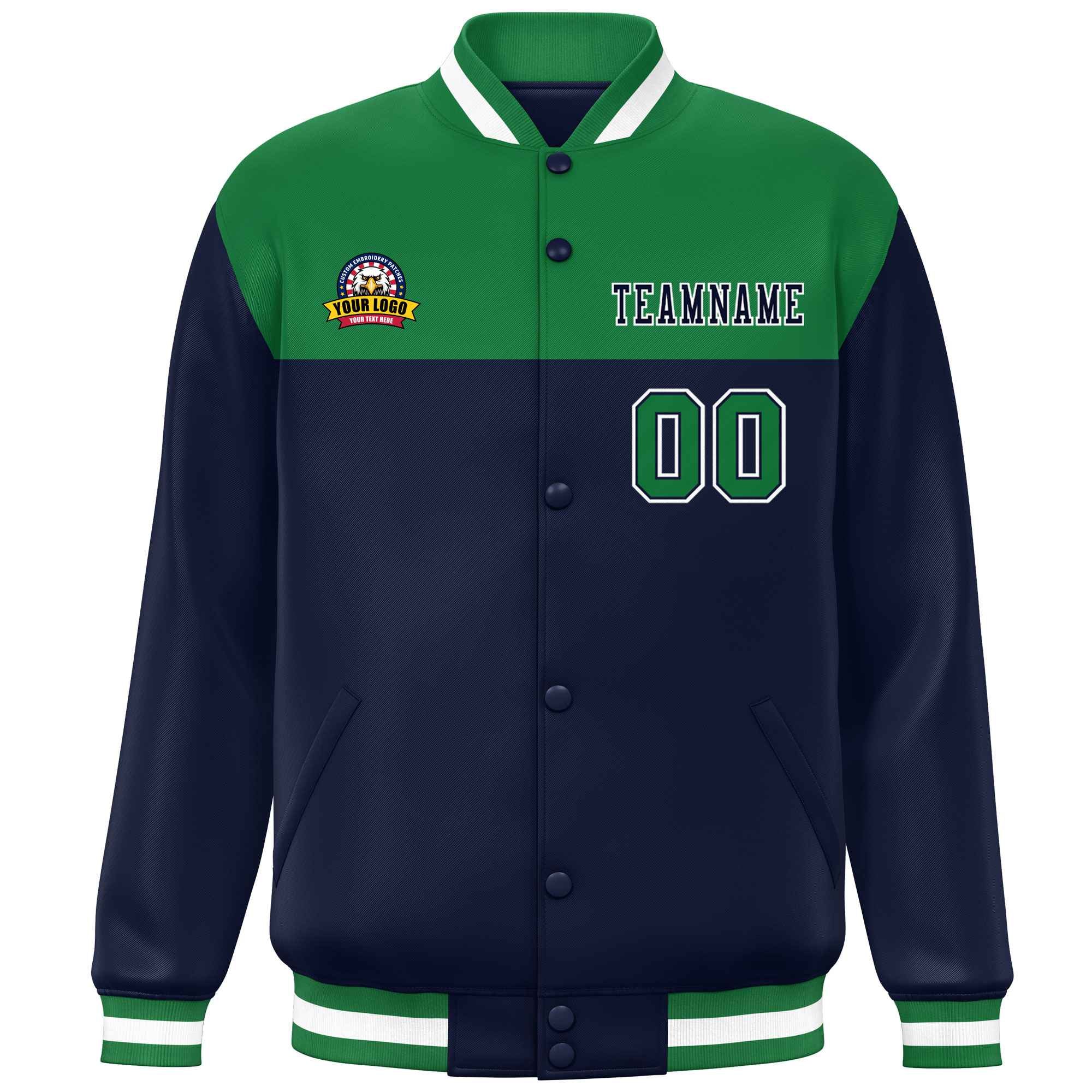 Custom Kelly Green Navy-White Varsity Full-Snap Color Block Lettermen Baseball Jacket