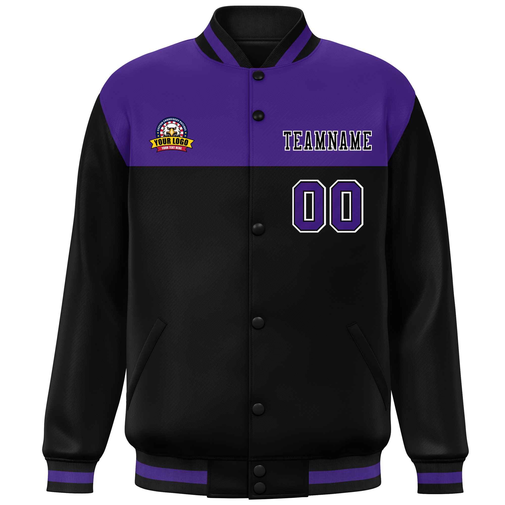 Custom Purple Black-White Varsity Full-Snap Color Block Lettermen Baseball Jacket