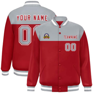 Custom Gray Red-White Varsity Full-Snap Color Block Lettermen Baseball Jacket