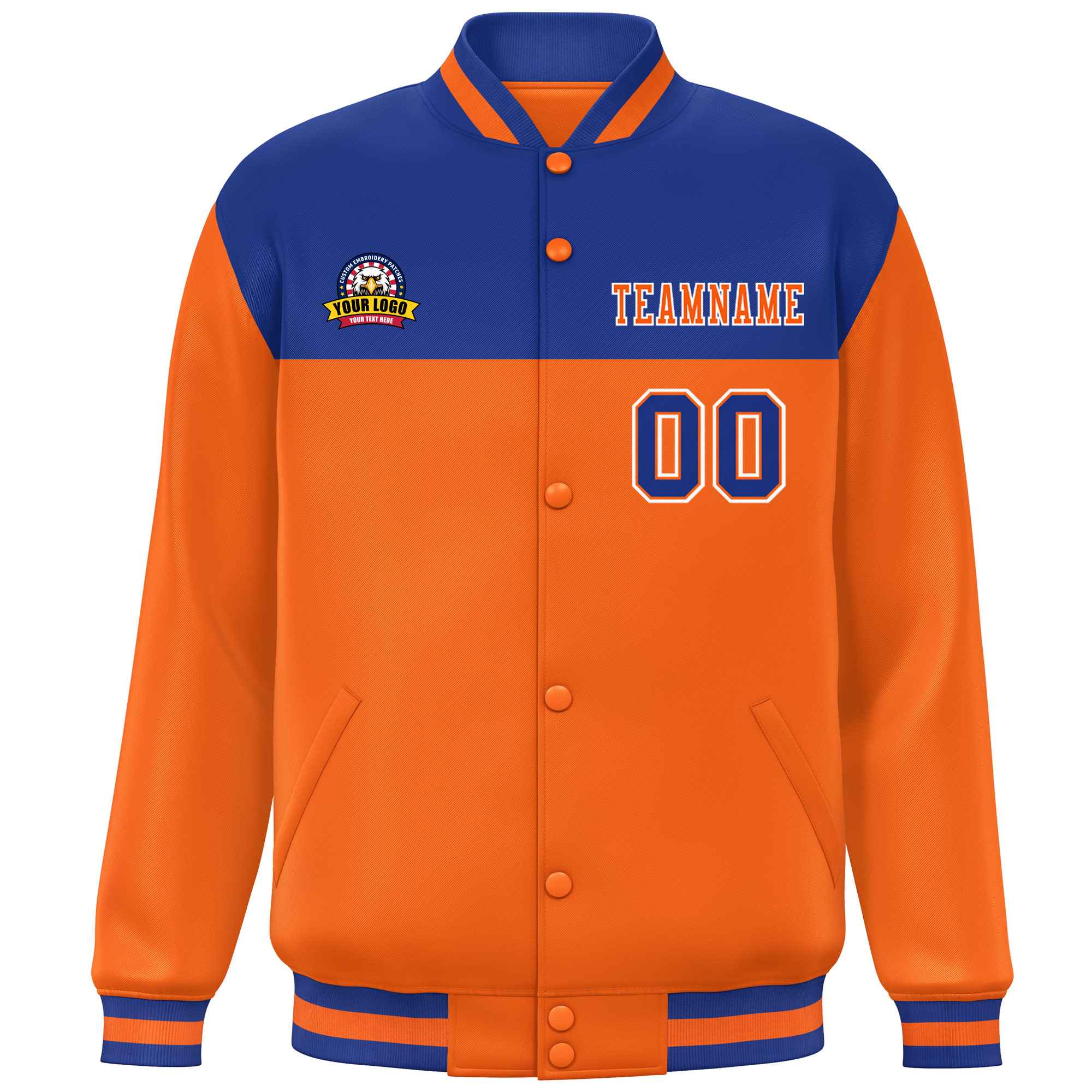 Custom Royal Orange-White Varsity Full-Snap Color Block Lettermen Baseball Jacket