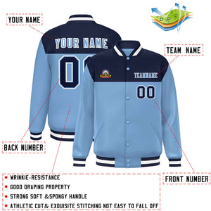 Custom Navy Light Blue-White Varsity Full-Snap Color Block Lettermen Baseball Jacket