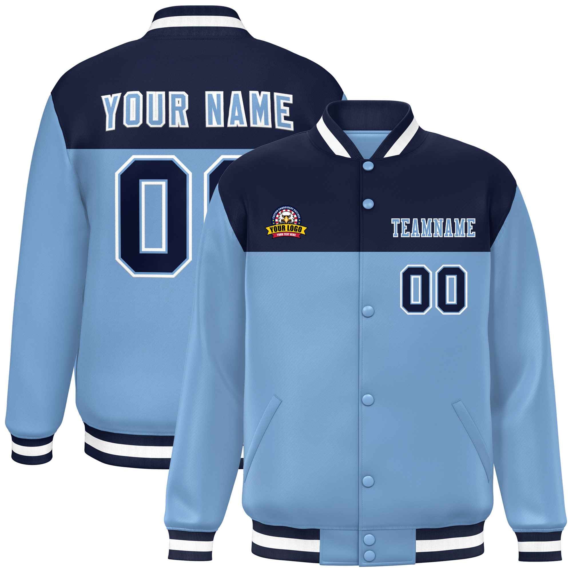 Custom Navy Light Blue-White Varsity Full-Snap Color Block Lettermen Baseball Jacket