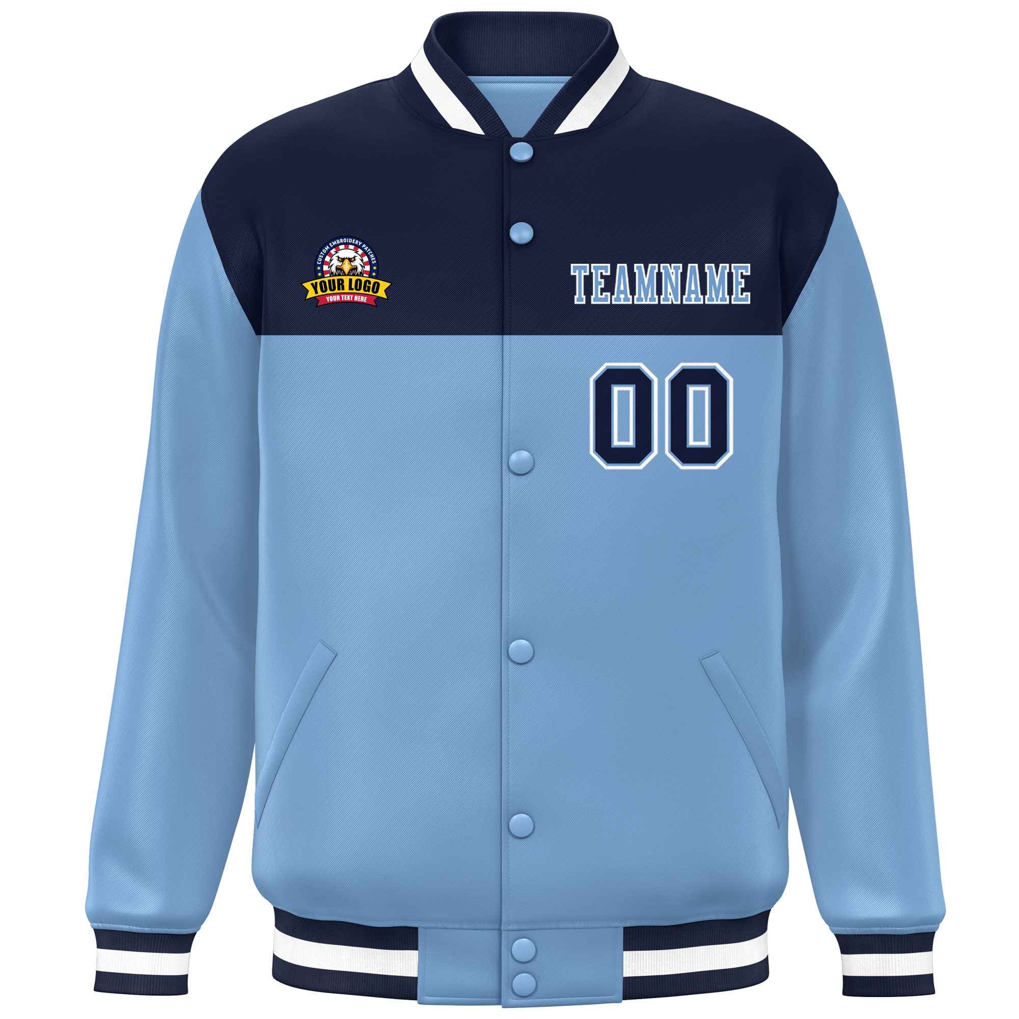 Custom Navy Light Blue-White Varsity Full-Snap Color Block Lettermen Baseball Jacket