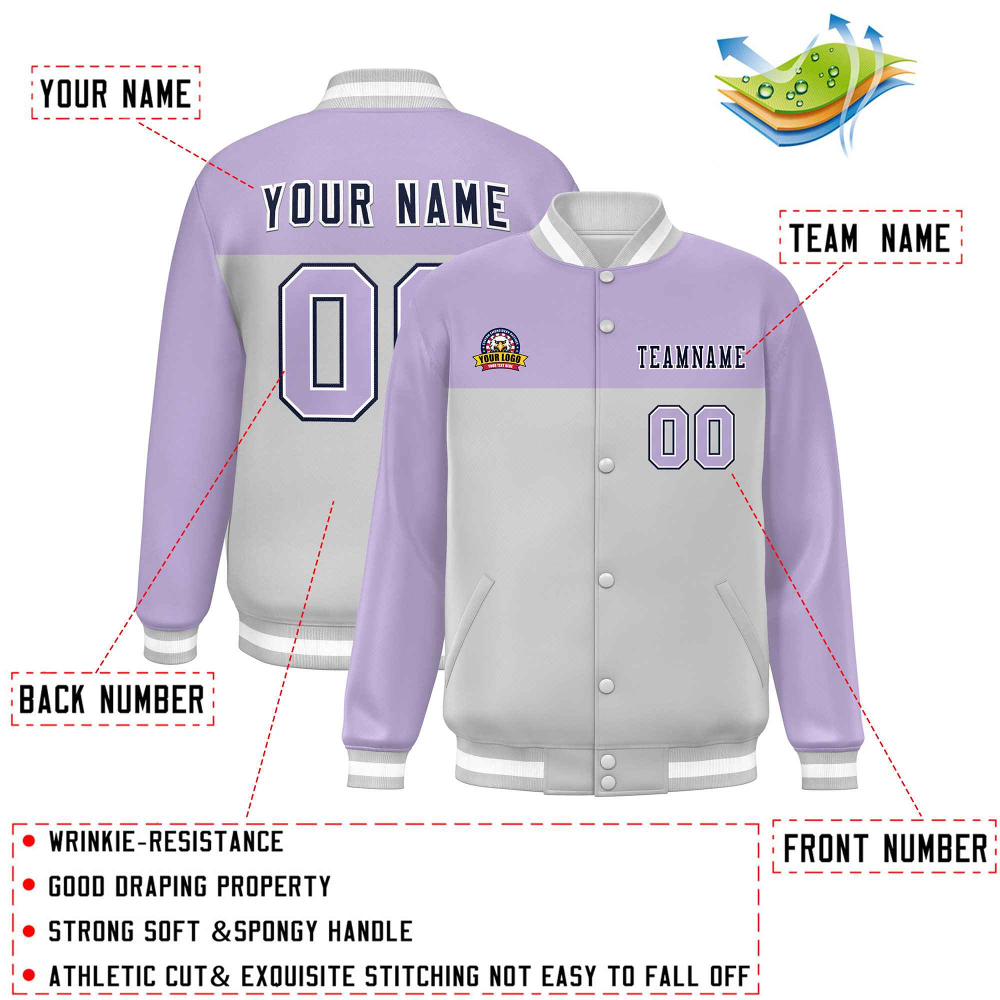 Custom Light Purple Gray-Navy Varsity Full-Snap Color Block Lettermen Baseball Jacket