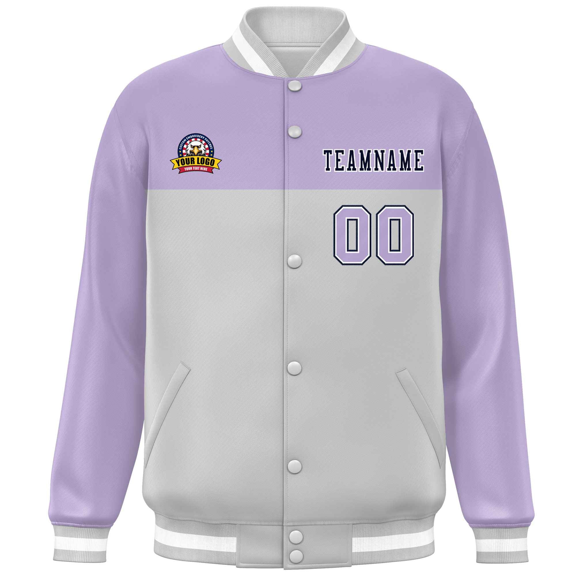 Custom Light Purple Gray-Navy Varsity Full-Snap Color Block Lettermen Baseball Jacket