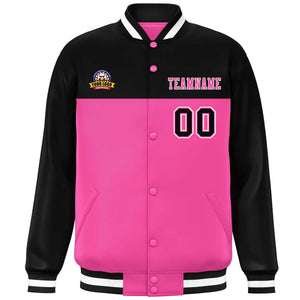 Custom Black Rose Red-White Varsity Full-Snap Color Block Lettermen Baseball Jacket