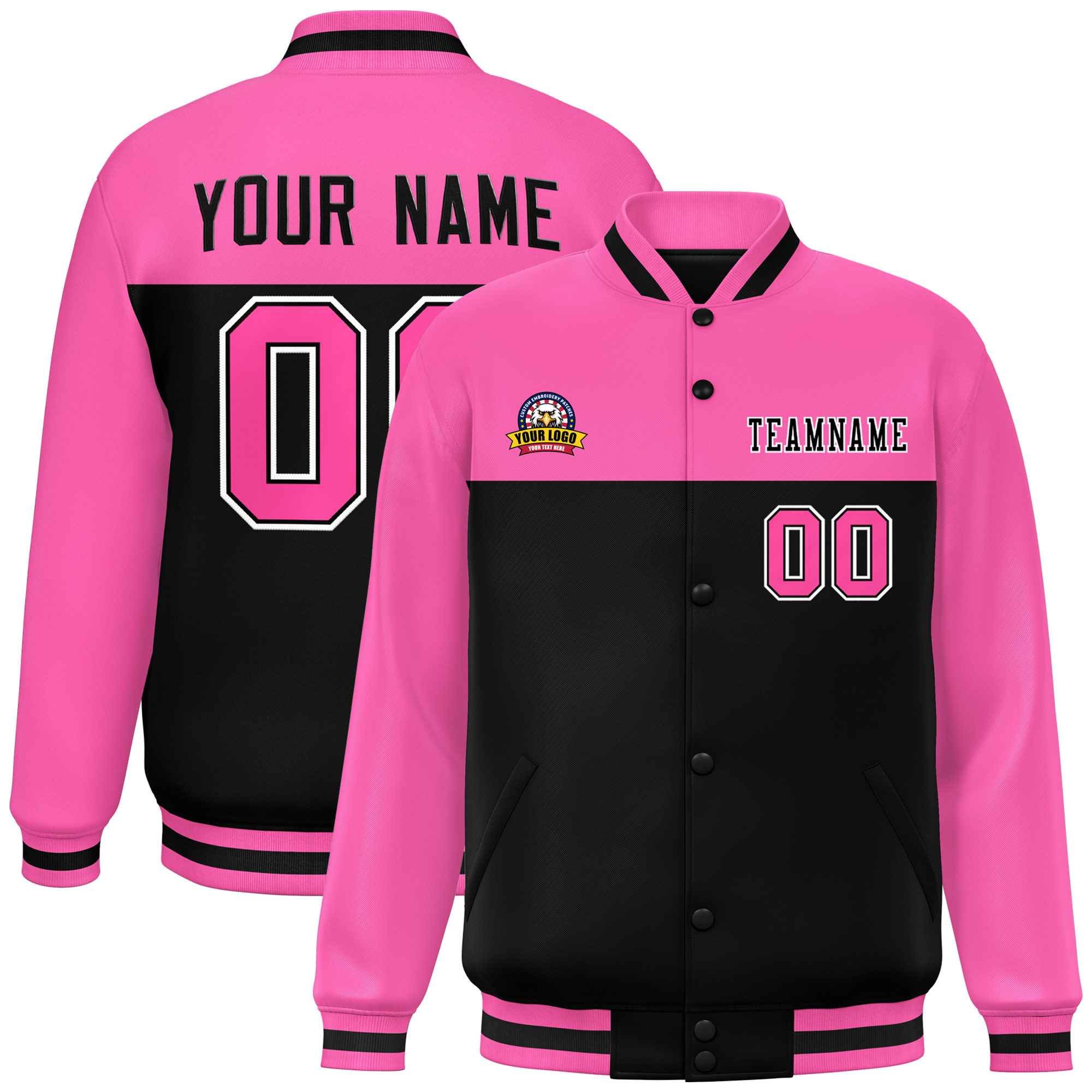 Custom Rose Red Black-White Varsity Full-Snap Color Block Lettermen Baseball Jacket