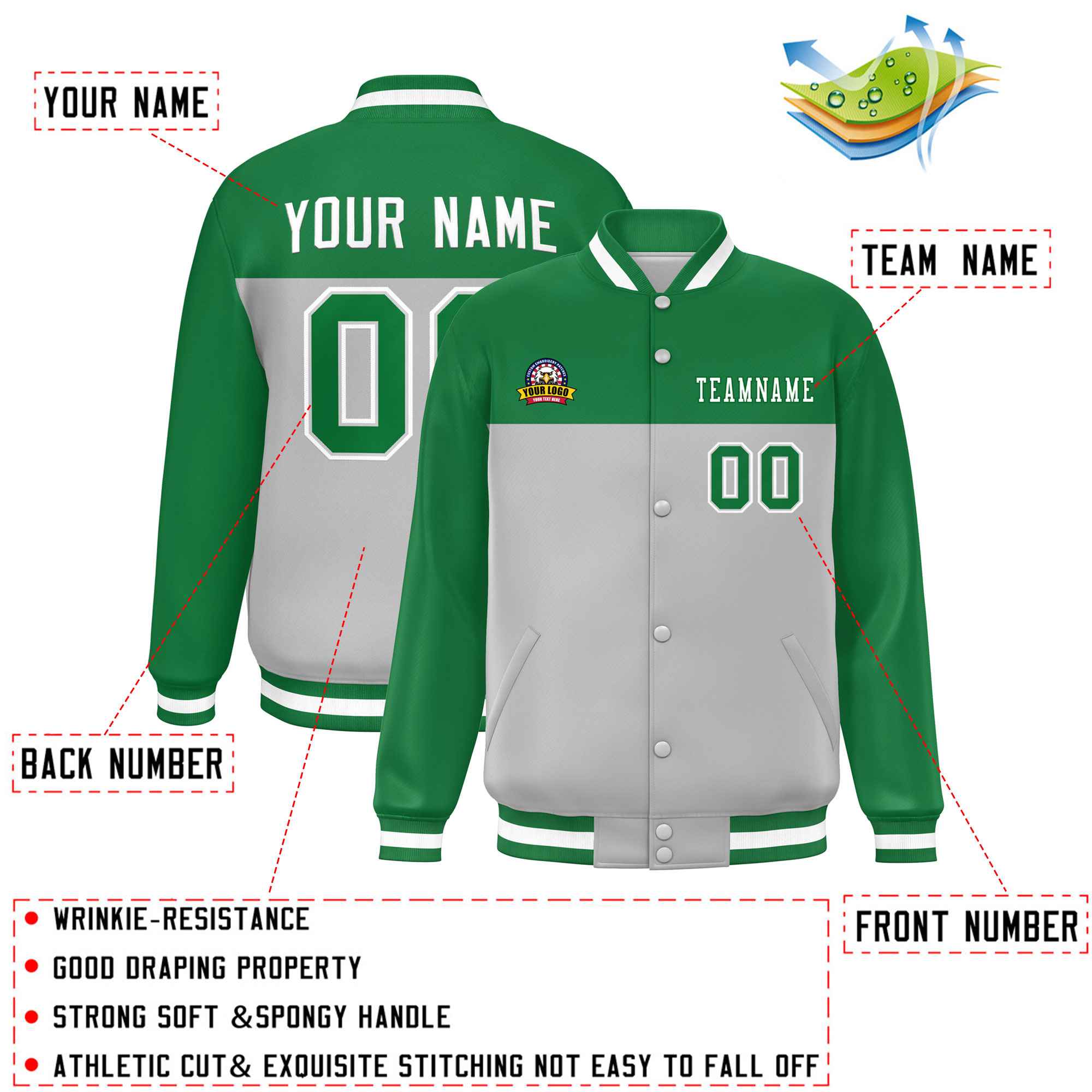 Custom Kelly Green Gray-White Varsity Full-Snap Color Block Lettermen Baseball Jacket