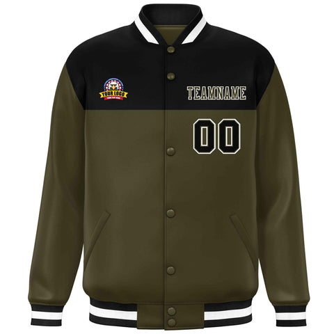 Custom Black Olive-White Varsity Full-Snap Color Block Lettermen Baseball Jacket
