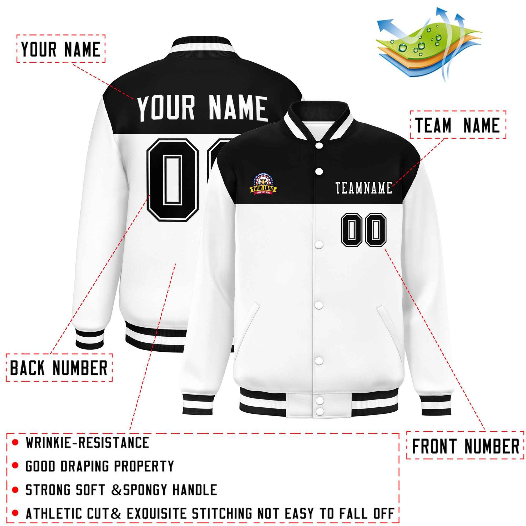 Custom Black White Varsity Full-Snap Color Block Lettermen Baseball Jacket