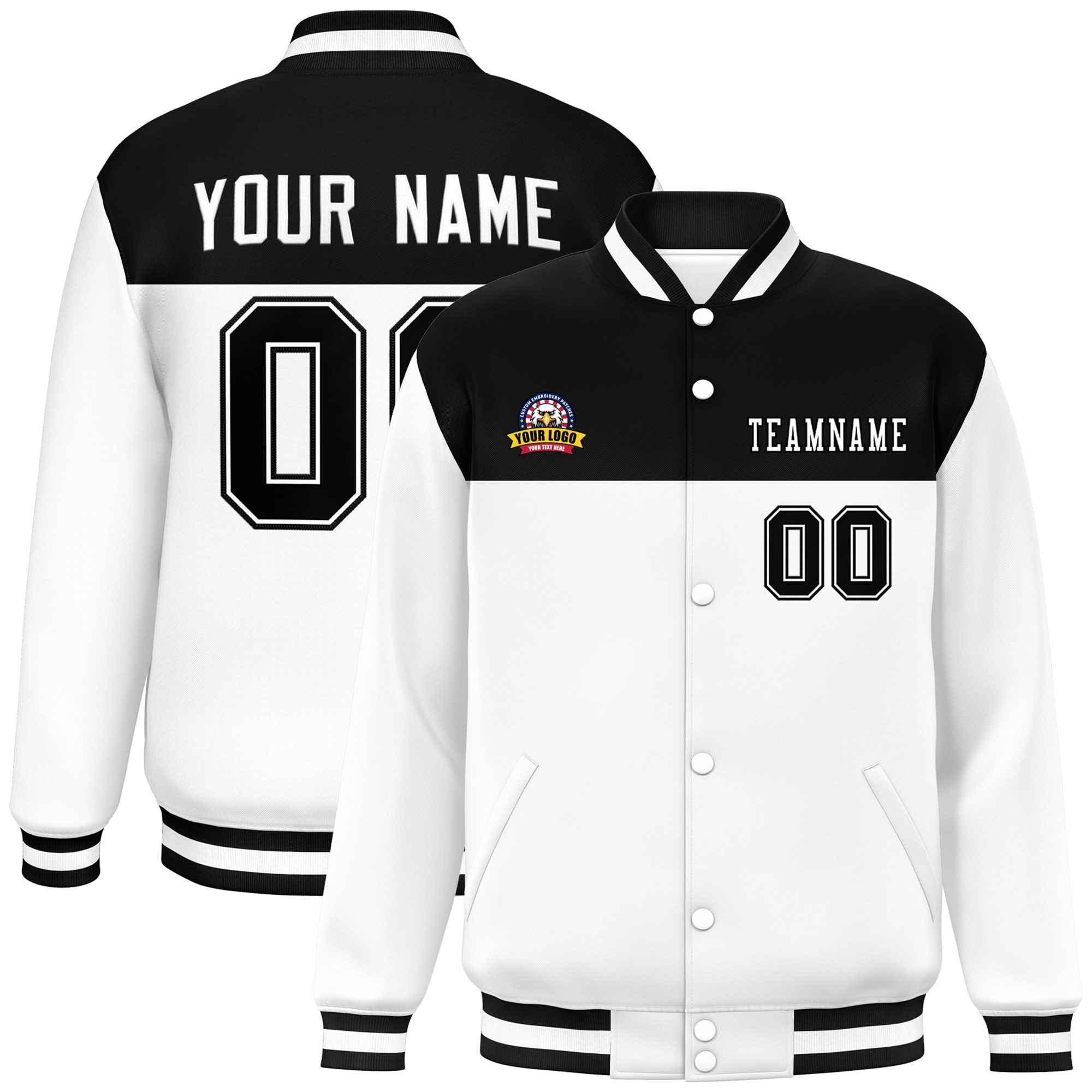 Custom Black White Varsity Full-Snap Color Block Lettermen Baseball Jacket