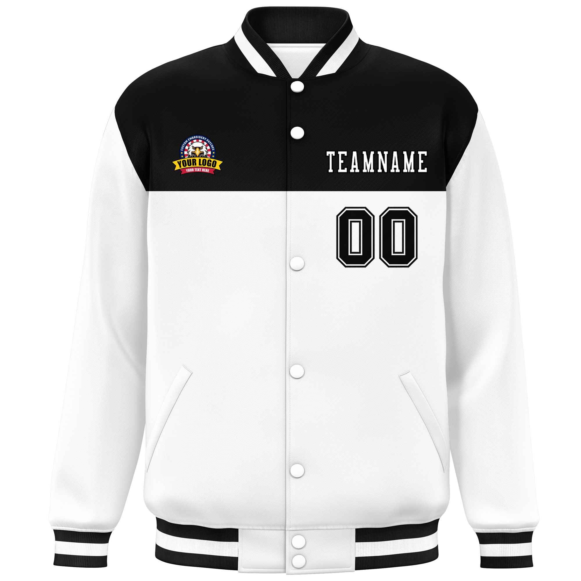 Custom Black White Varsity Full-Snap Color Block Lettermen Baseball Jacket