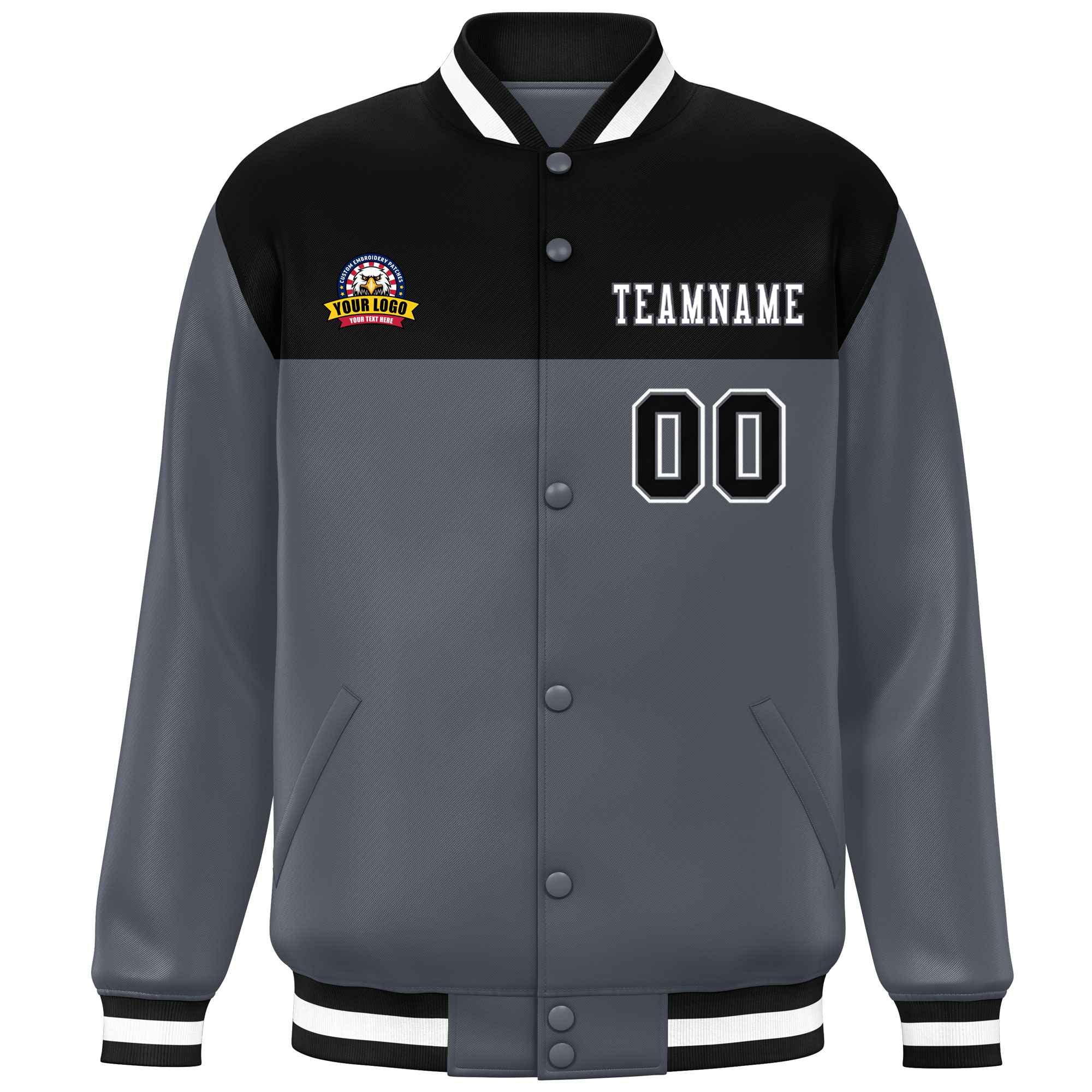 Custom Black Dark Gray-White Varsity Full-Snap Color Block Lettermen Baseball Jacket