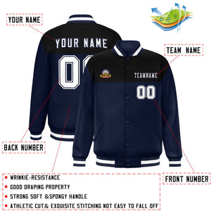 Custom Black Navy-White Varsity Full-Snap Color Block Lettermen Baseball Jacket