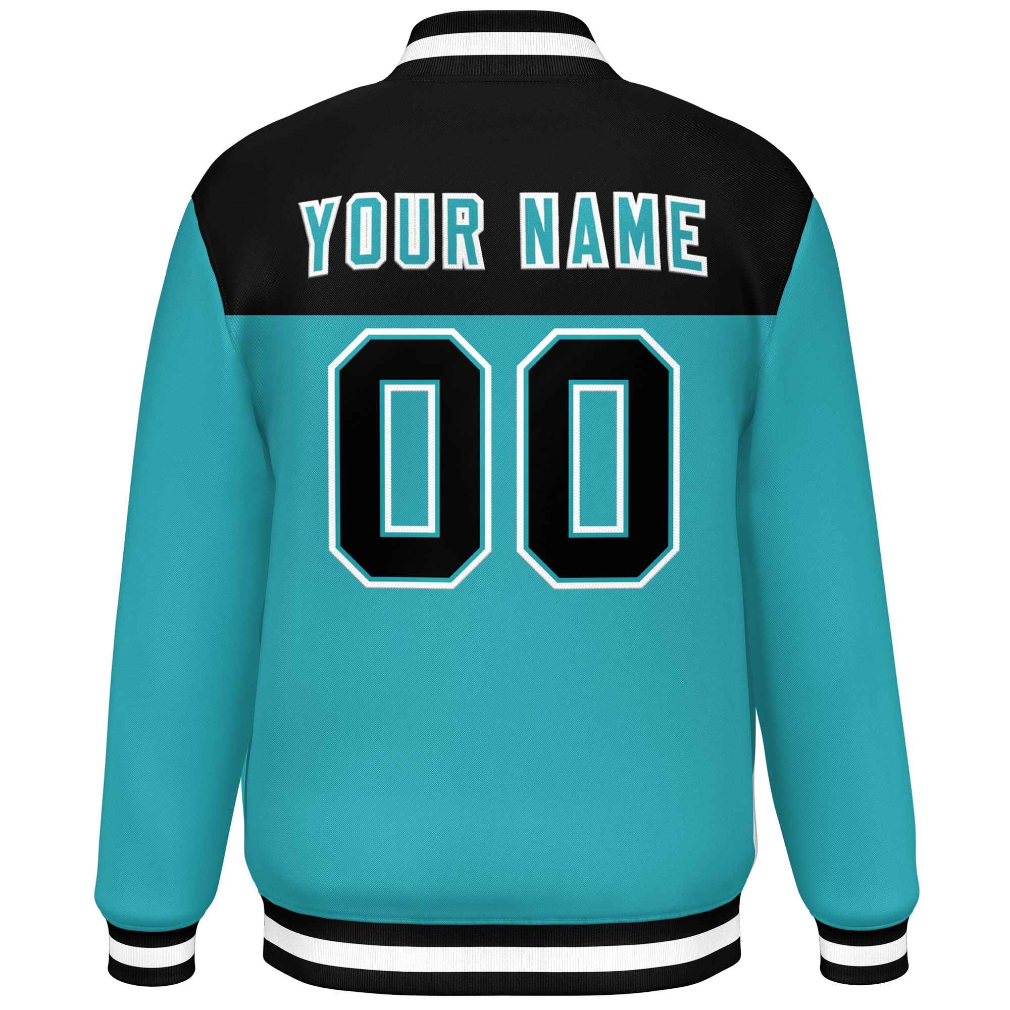 Custom Black Aqua-White Varsity Full-Snap Color Block Lettermen Baseball Jacket