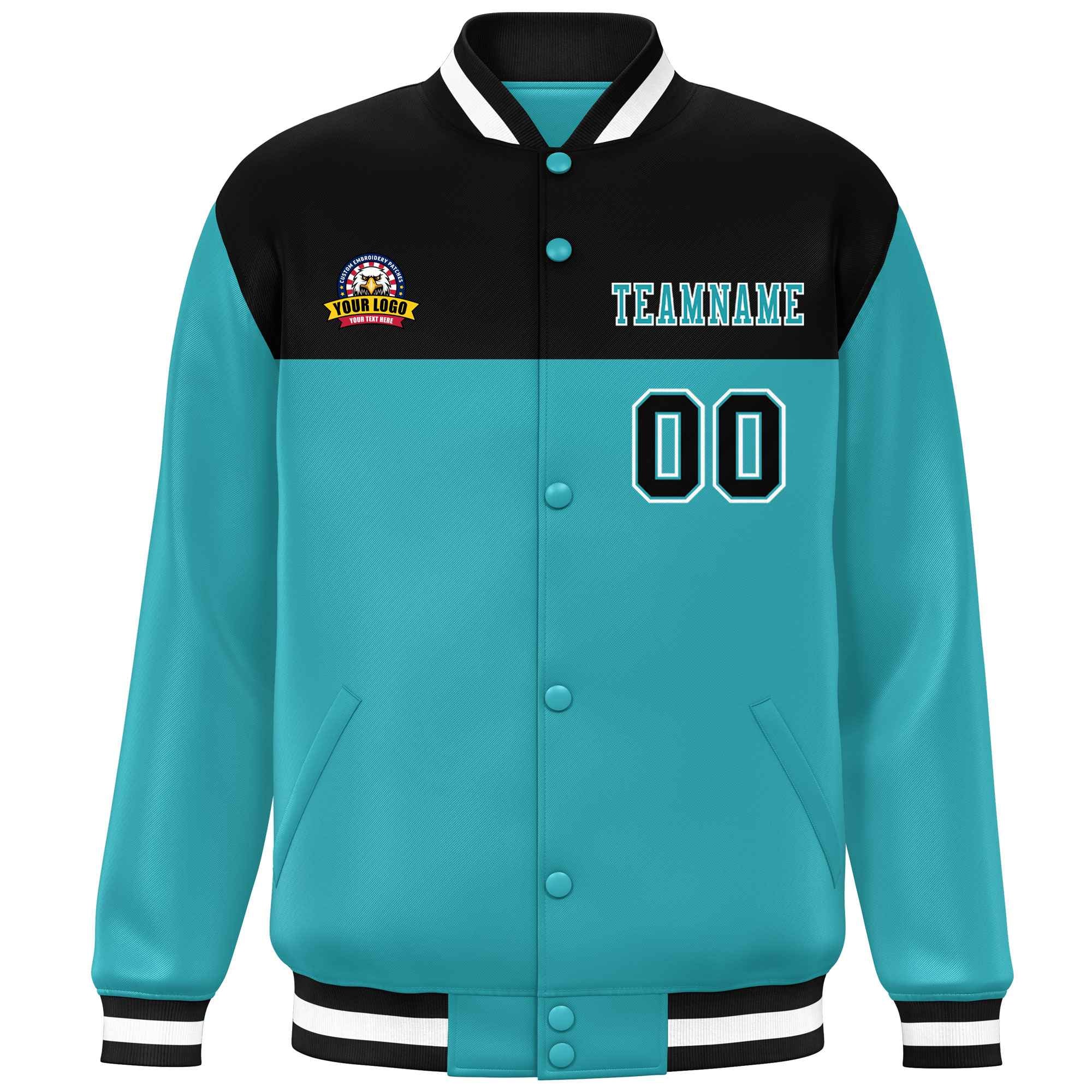 Custom Black Aqua-White Varsity Full-Snap Color Block Lettermen Baseball Jacket