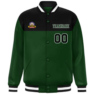 Custom Black Green-White Varsity Full-Snap Color Block Lettermen Baseball Jacket