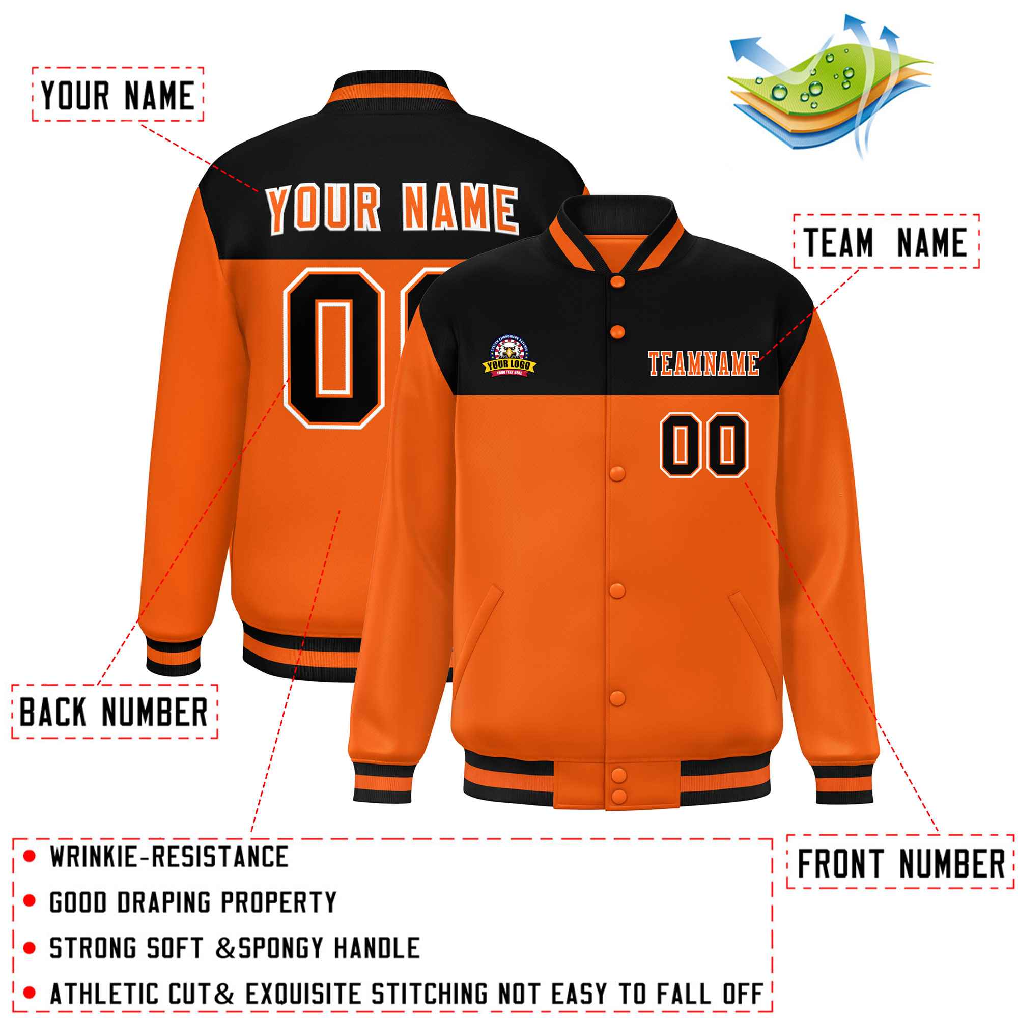 Custom Black Orange-White Varsity Full-Snap Color Block Lettermen Baseball Jacket