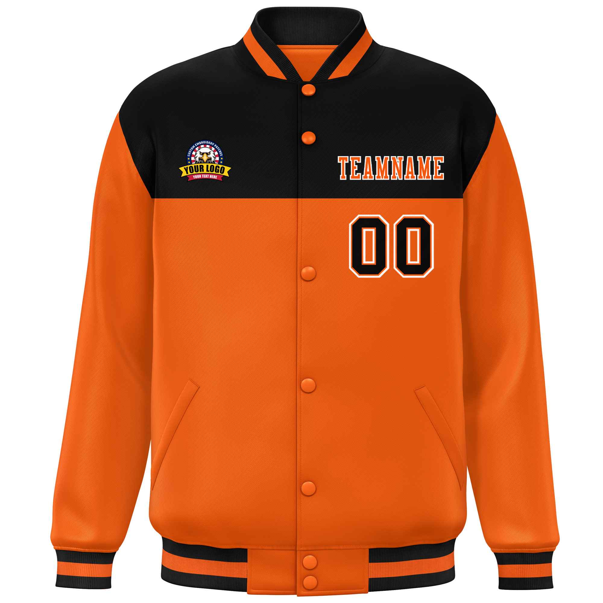 Custom Black Orange-White Varsity Full-Snap Color Block Lettermen Baseball Jacket