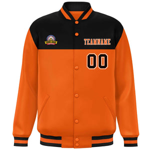 Custom Black Orange-White Varsity Full-Snap Color Block Lettermen Baseball Jacket