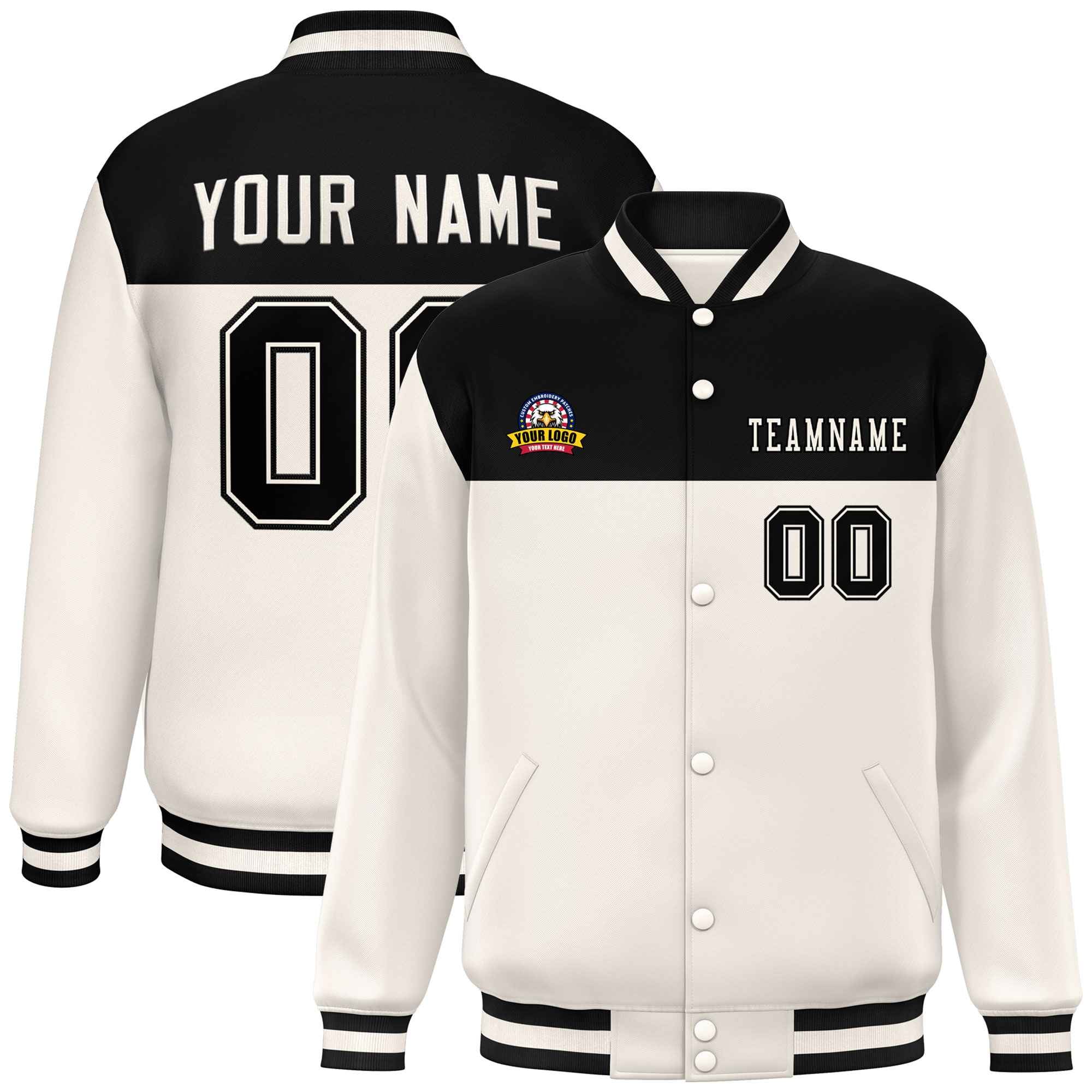 Custom Black Cream Varsity Full-Snap Color Block Lettermen Baseball Jacket