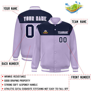 Custom Navy Light Purple-White Varsity Full-Snap Color Block Lettermen Baseball Jacket