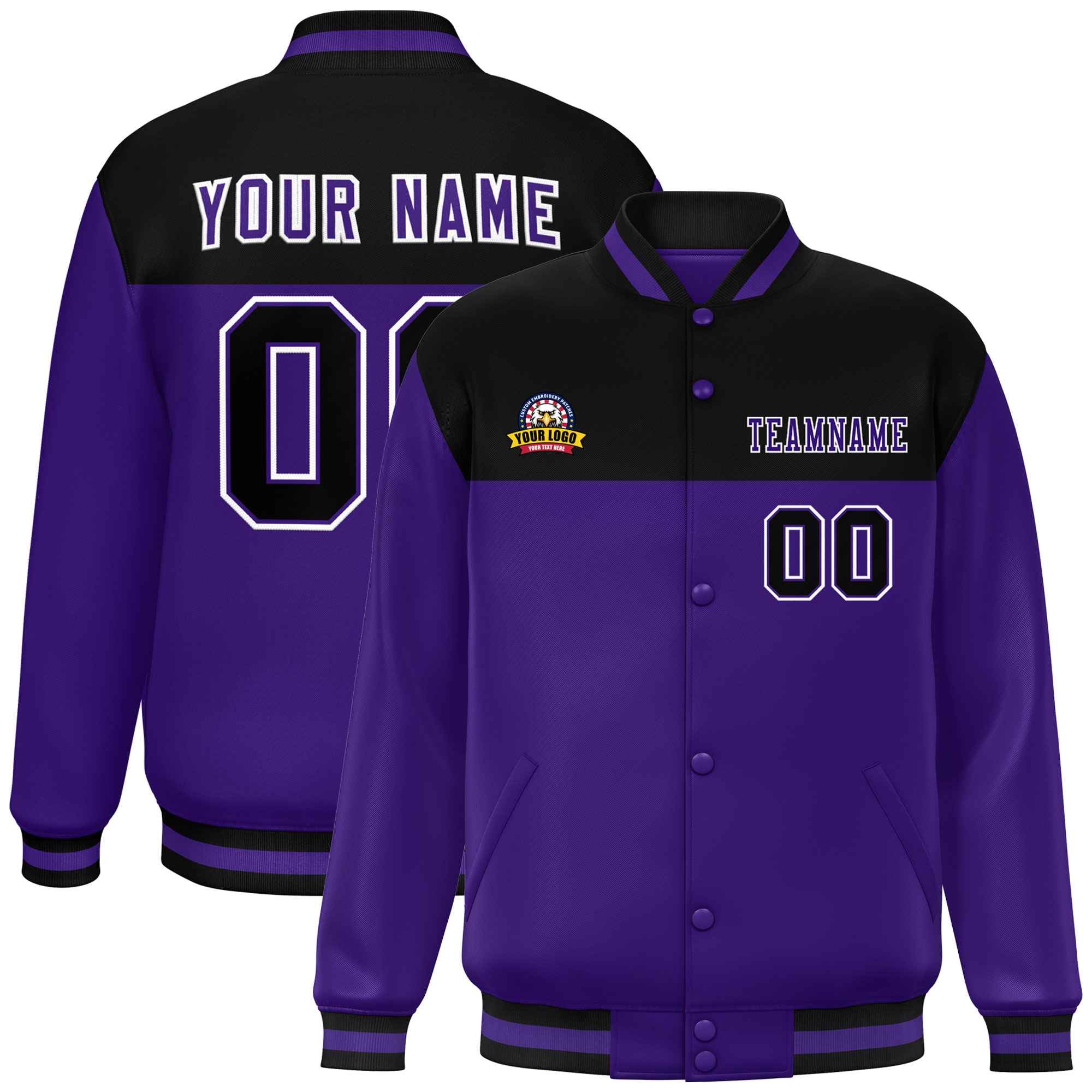 Custom Black Purple-White Varsity Full-Snap Color Block Lettermen Baseball Jacket