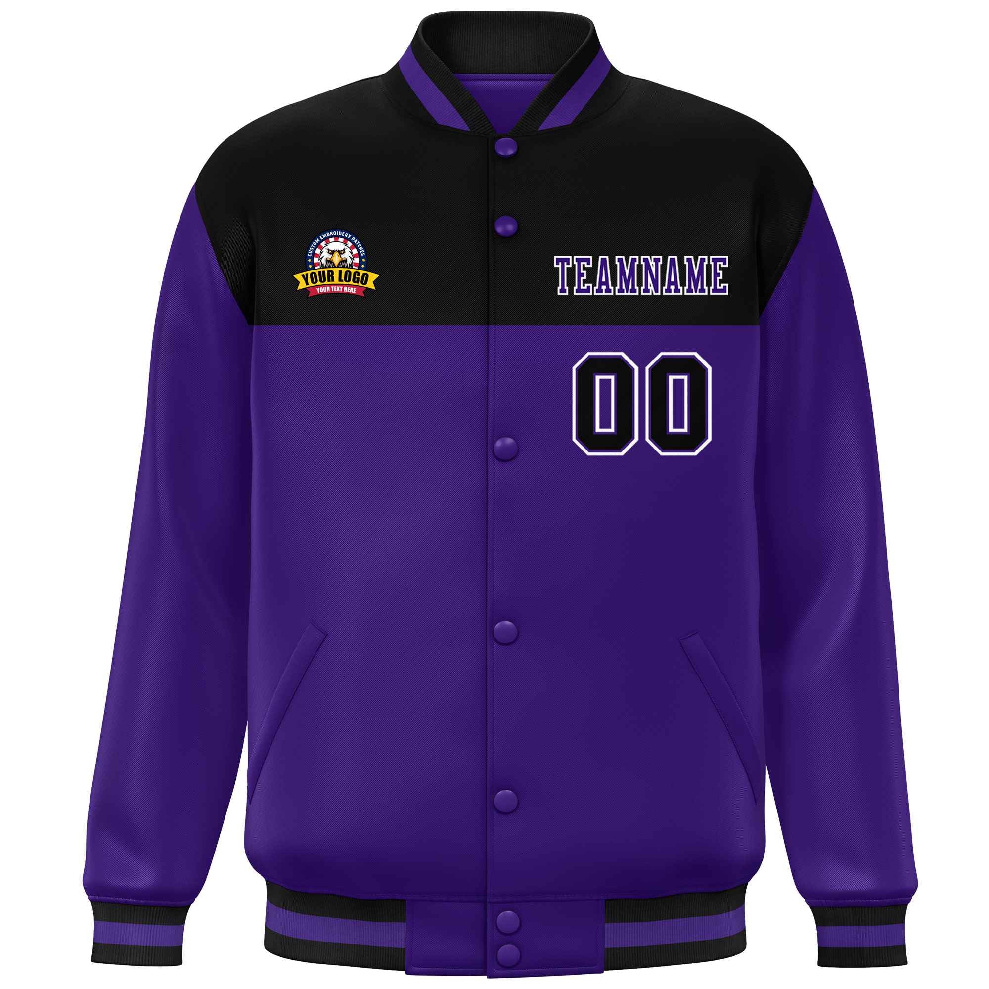 Custom Black Purple-White Varsity Full-Snap Color Block Lettermen Baseball Jacket