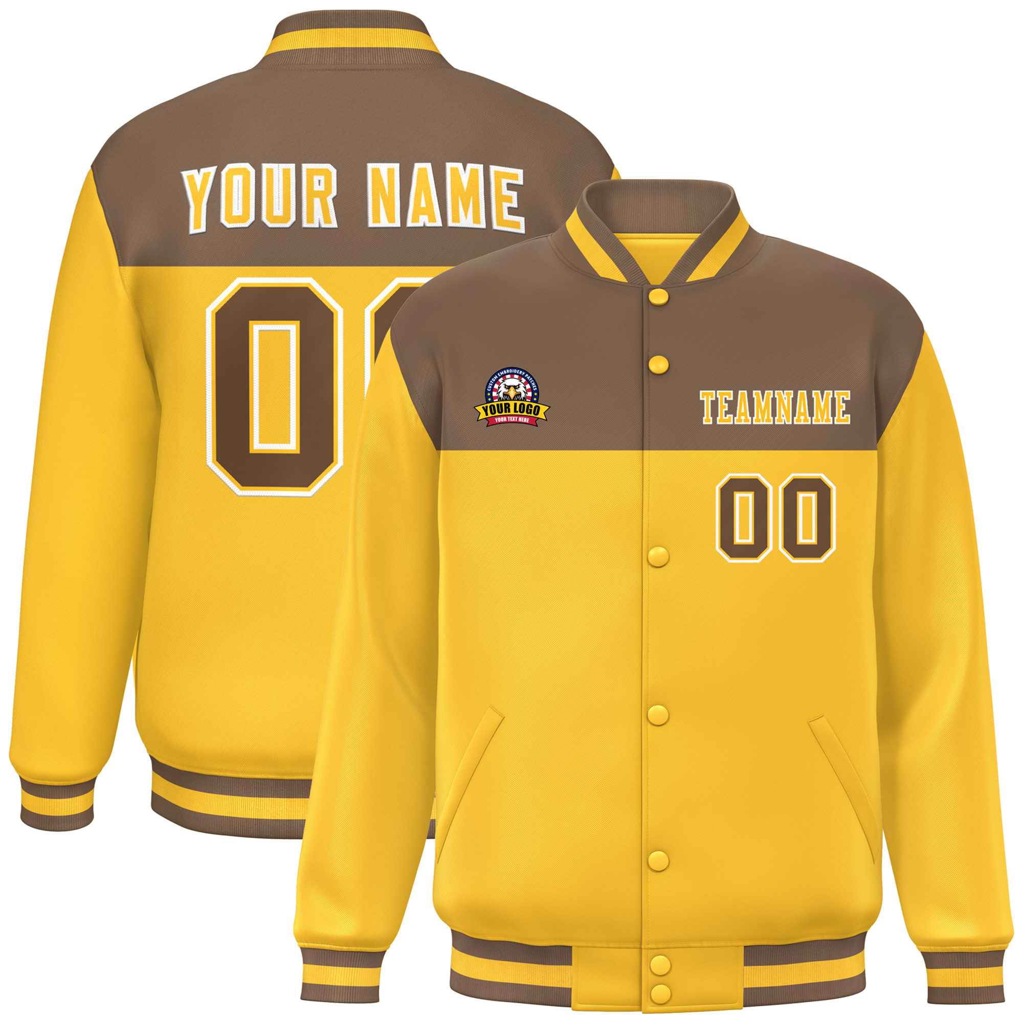 Veste de baseball personnalisée marron clair or-blanc Varsity Full-Snap Color Block Lettermen