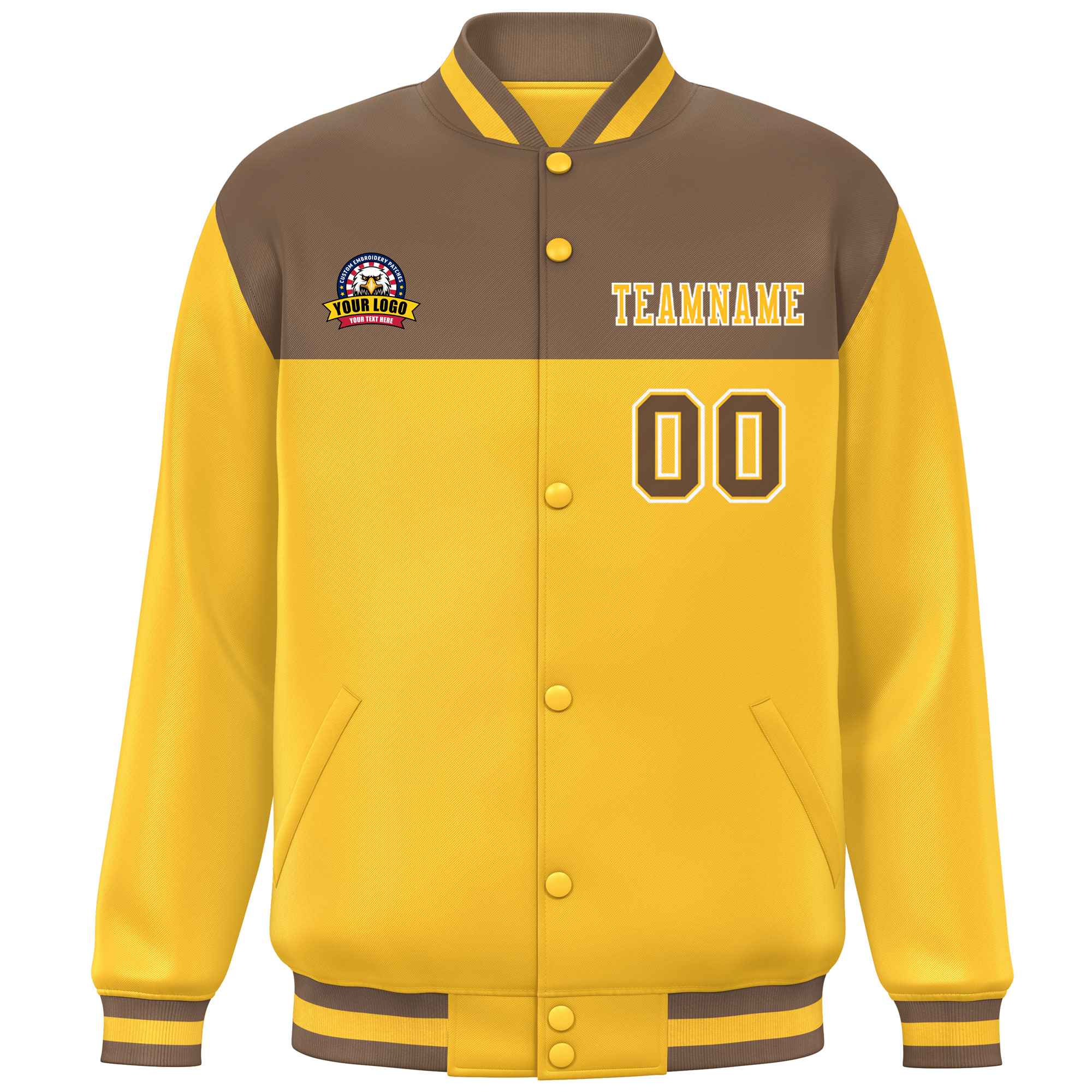 Veste de baseball personnalisée marron clair or-blanc Varsity Full-Snap Color Block Lettermen