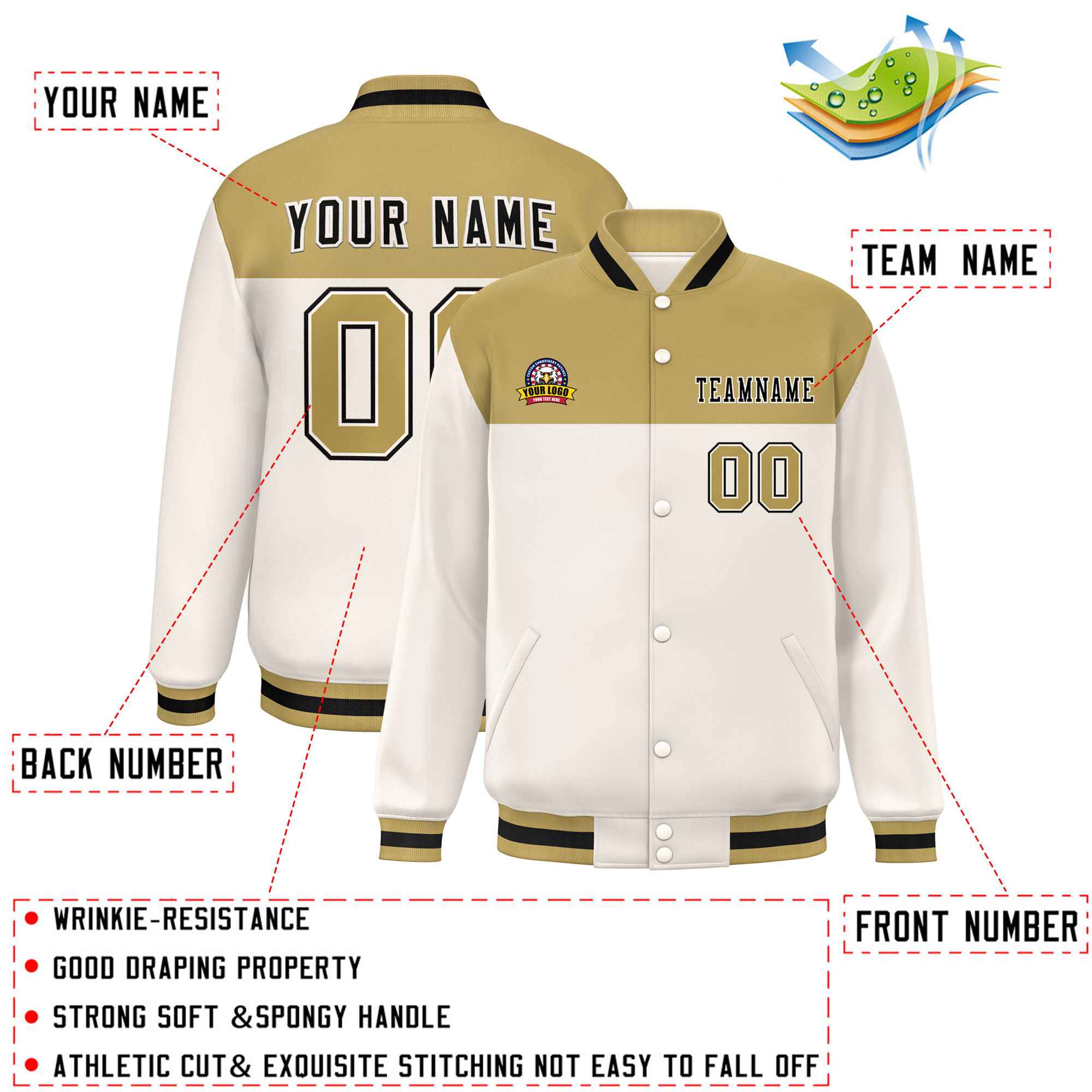 Custom Old Gold Cream-Black Varsity Full-Snap Color Block Lettermen Baseball Jacket