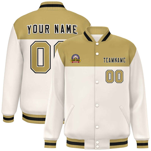 Custom Old Gold Cream-Black Varsity Full-Snap Color Block Lettermen Baseball Jacket
