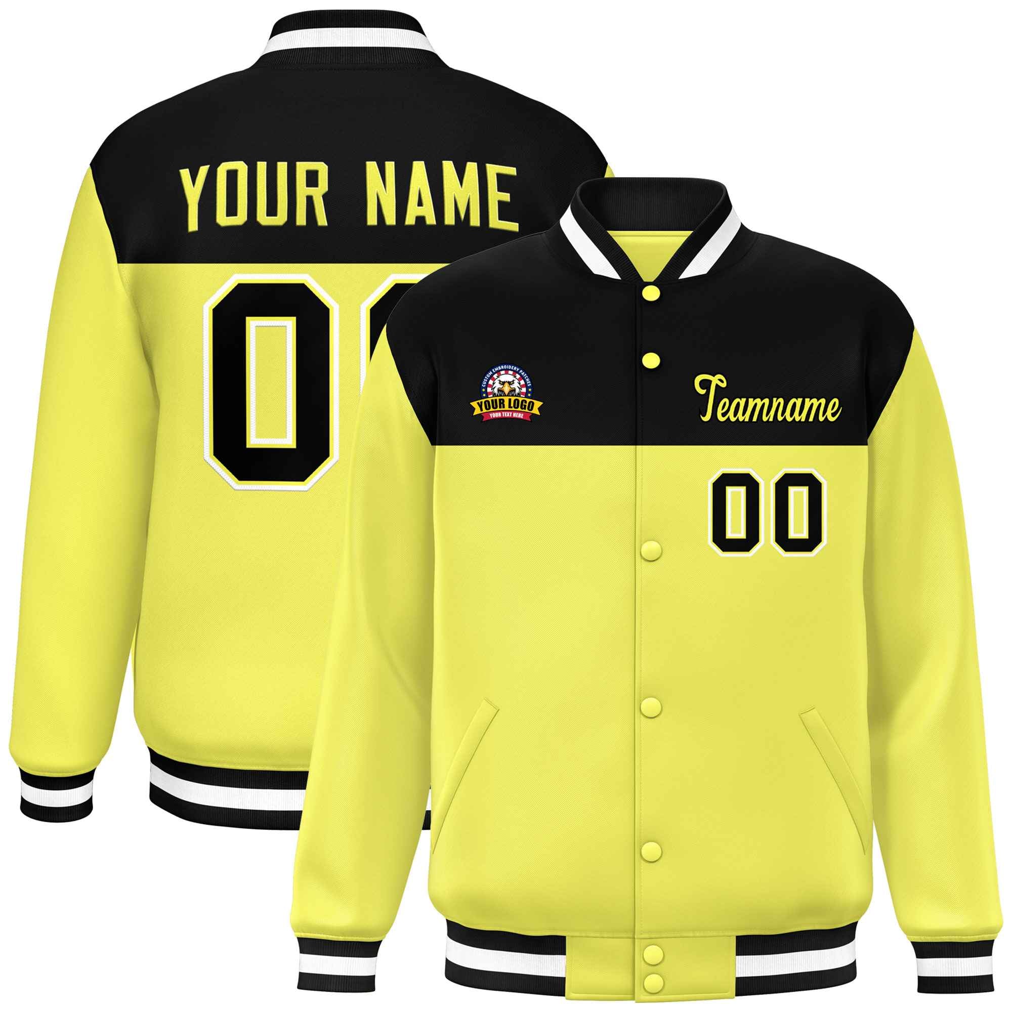 Custom Black Yellow-White Varsity Full-Snap Color Block Lettermen Baseball Jacket