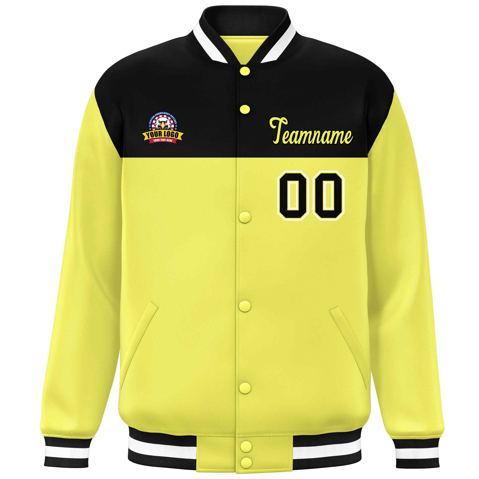 Custom Black Yellow-White Varsity Full-Snap Color Block Lettermen Baseball Jacket