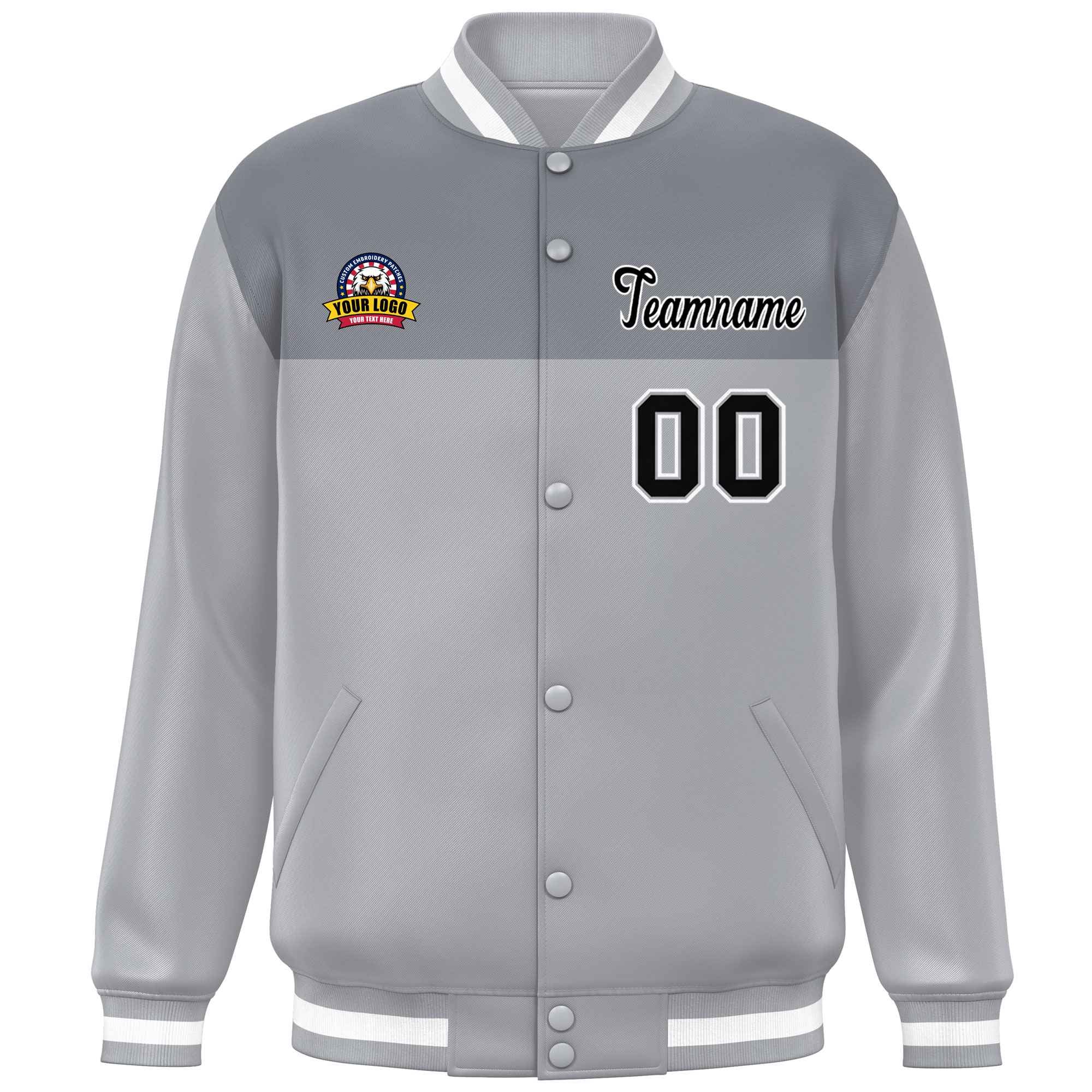 Custom Dark Gray Gray-White Varsity Full-Snap Color Block Lettermen Baseball Jacket