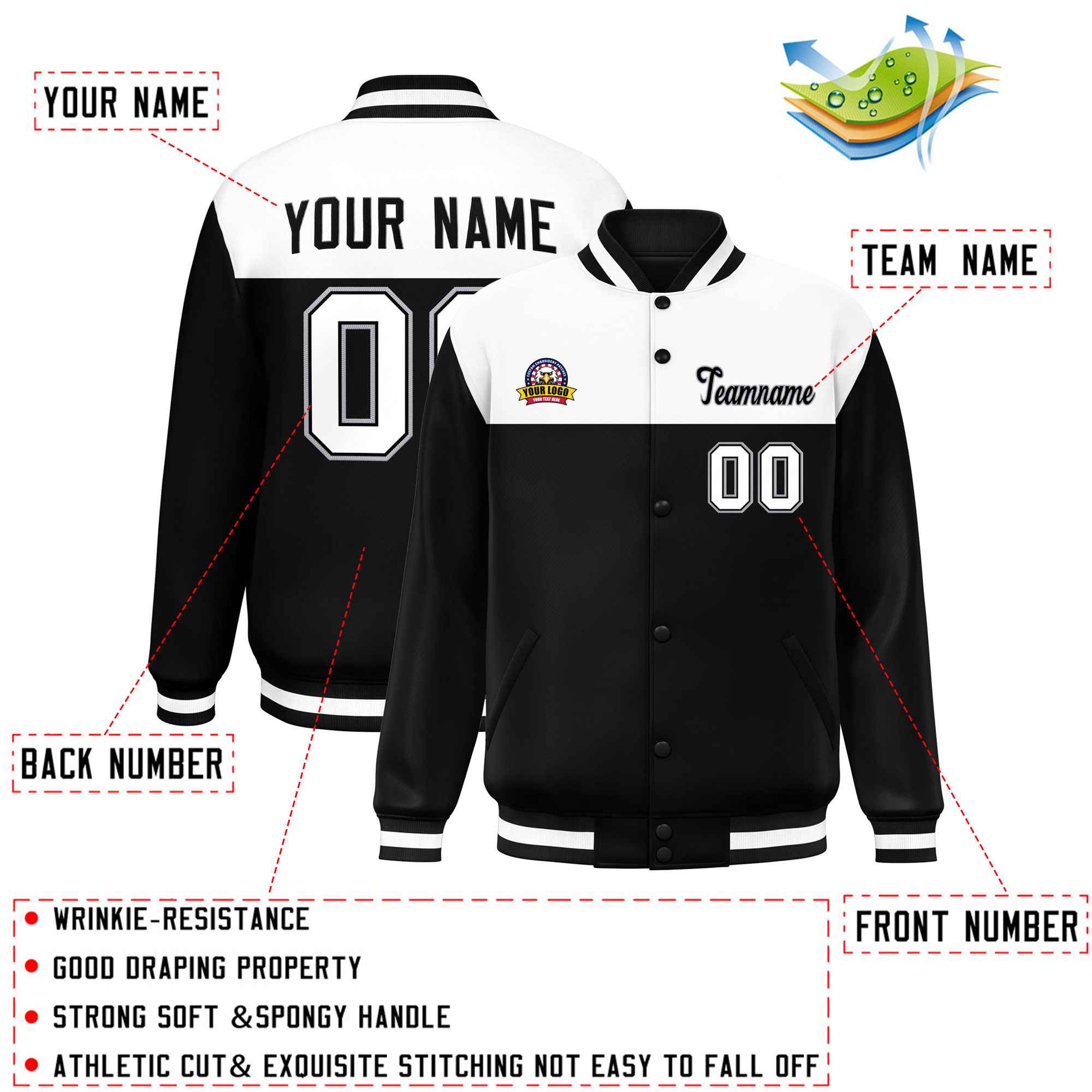 Custom White Black-Gray Varsity Full-Snap Color Block Lettermen Baseball Jacket