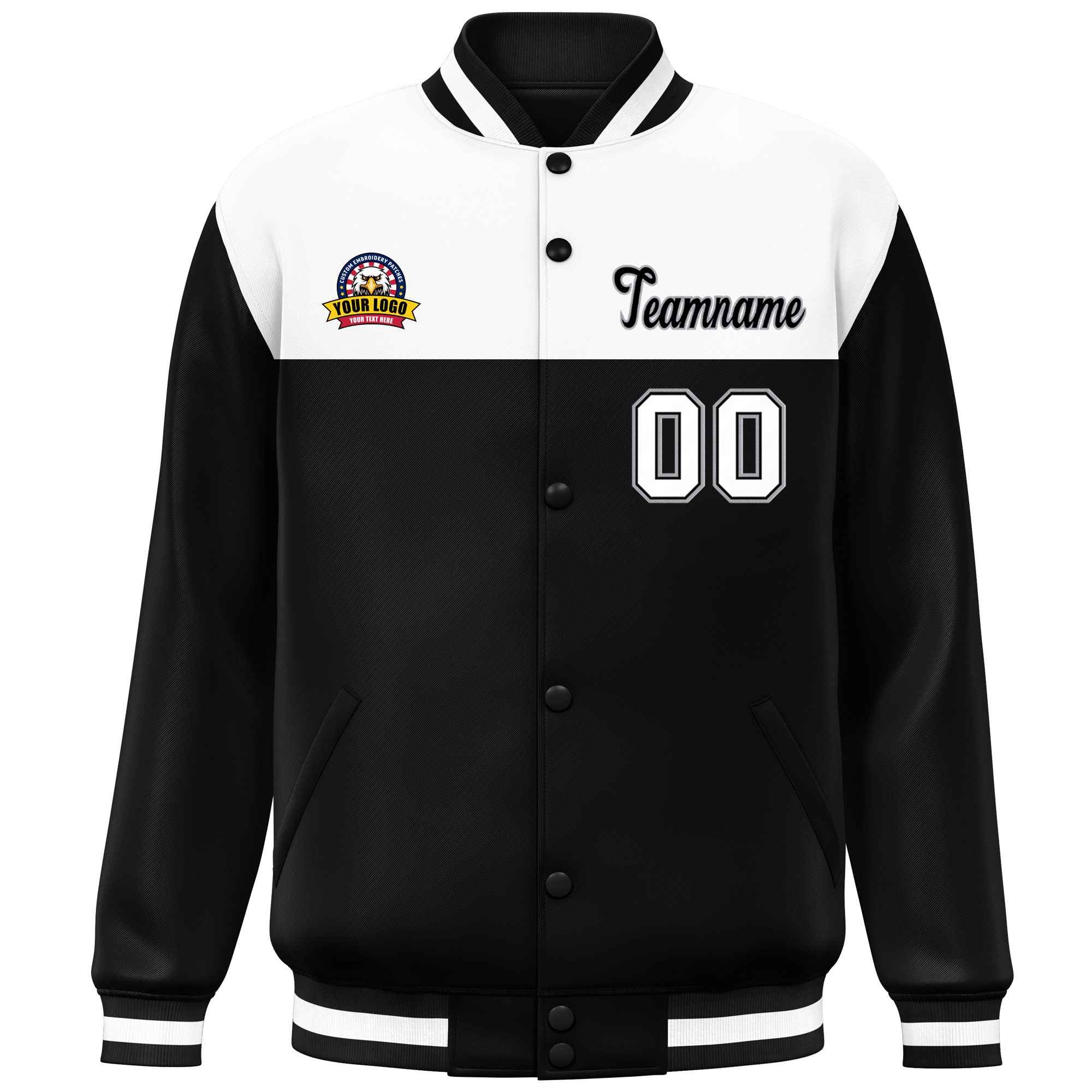 Custom White Black-Gray Varsity Full-Snap Color Block Lettermen Baseball Jacket