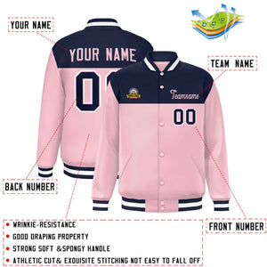 Custom Navy Pink-White Varsity Full-Snap Color Block Lettermen Baseball Jacket