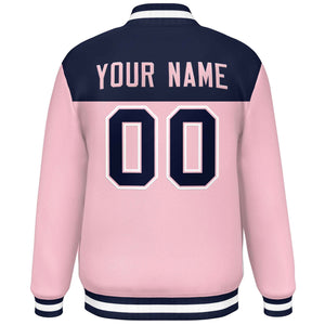 Custom Navy Pink-White Varsity Full-Snap Color Block Lettermen Baseball Jacket